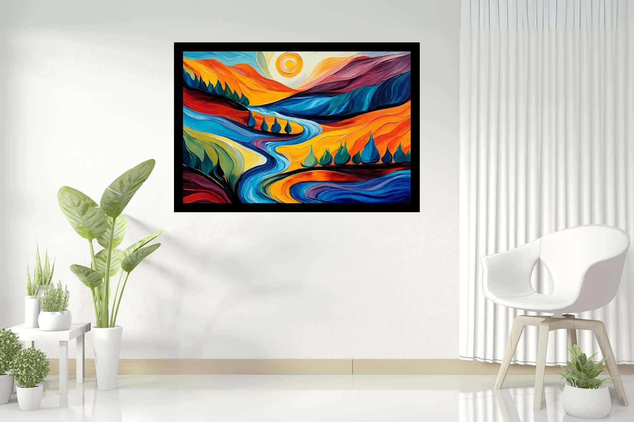 Azure valley hush: Serene landscape art with calming landscape paintings, in a room with chic decor, gallery-quality artwork, and decorative pieces. The art can be printed on poster, framed poster, canvas, metal, acrylic or wood, exclusively at WallArtZen. Find this exact print at https://wallartzen.com/waz67