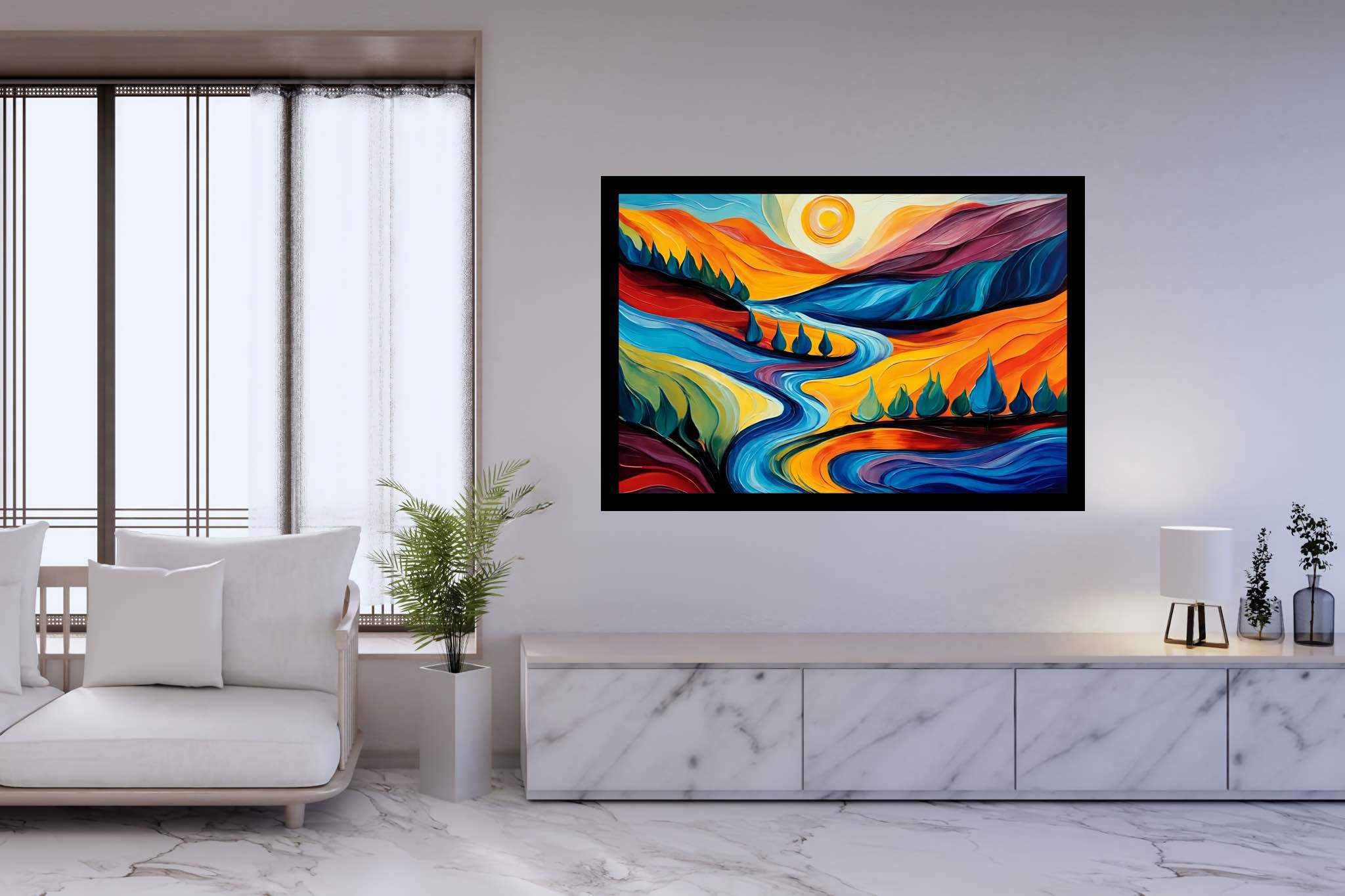 Azure valley hush: Serene landscape art with tranquil art, in a room with minimalist approach, bespoke art designs, and elegant home goods. The art can be printed on poster, framed poster, canvas, metal, acrylic or wood, exclusively at WallArtZen. Find this exact print at https://wallartzen.com/waz67