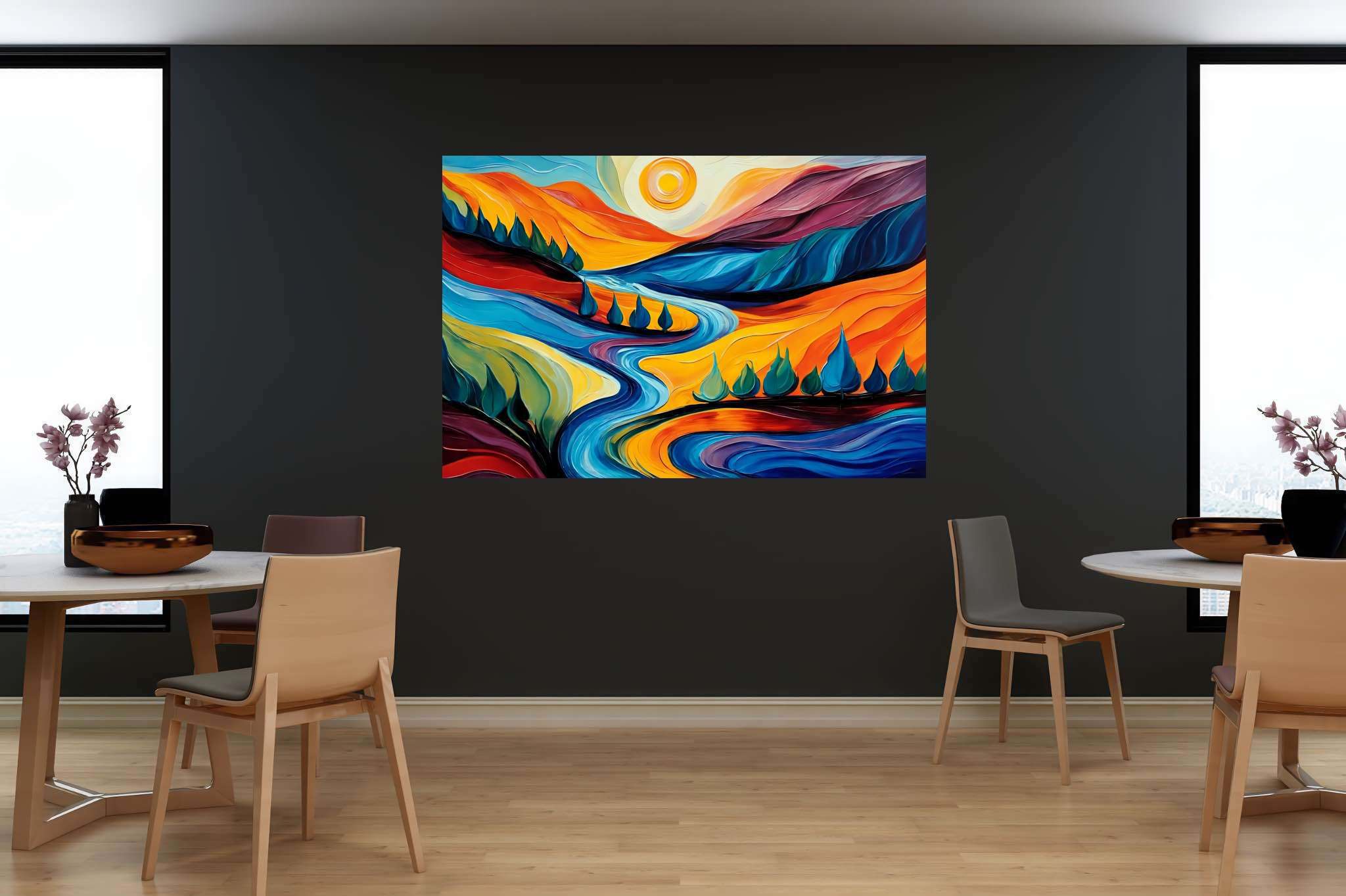 Azure valley hush: Serene landscape art with serene artwork, in a room with elegant layout, bespoke art designs, and home furnishings. The art can be printed on poster, framed poster, canvas, metal, acrylic or wood, exclusively at WallArtZen. Find this exact print at https://wallartzen.com/waz67