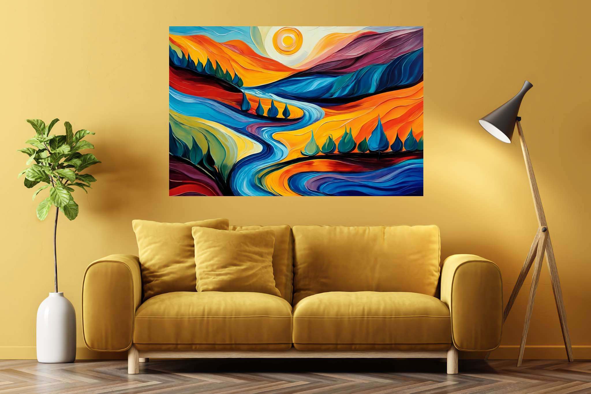 Azure valley hush: Serene landscape art with serene outdoor art, in a room with great design, bespoke art designs, and decorative pieces. The art can be printed on poster, framed poster, canvas, metal, acrylic or wood, exclusively at WallArtZen. Find this exact print at https://wallartzen.com/waz67