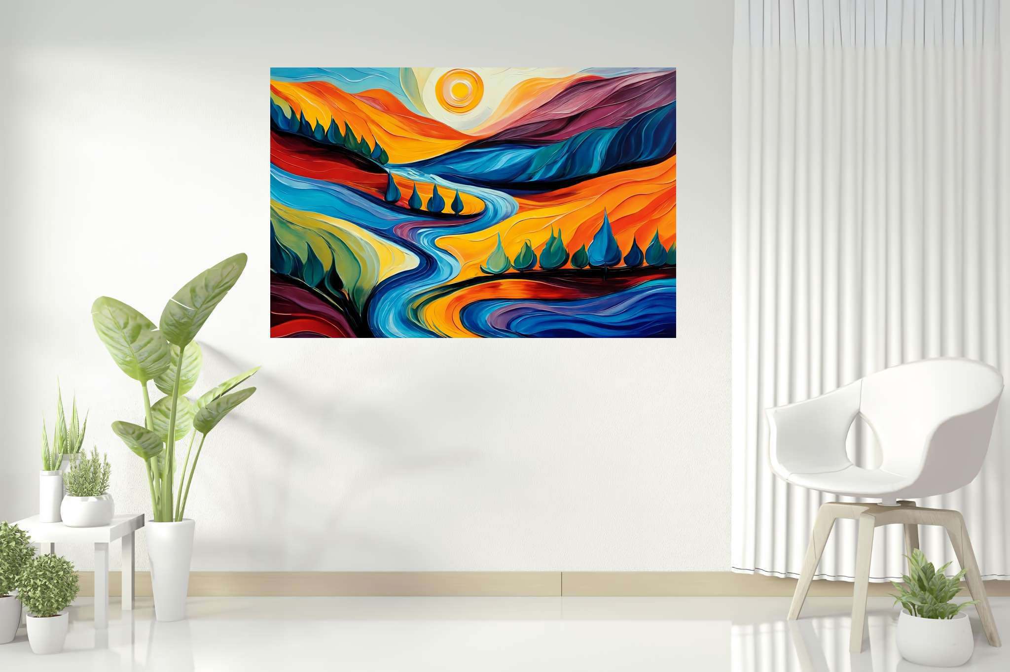 Azure valley hush: Serene landscape art with peaceful landscape paintings, in a room with urban design, wall art, and elegant home goods. The art can be printed on poster, framed poster, canvas, metal, acrylic or wood, exclusively at WallArtZen. Find this exact print at https://wallartzen.com/waz67