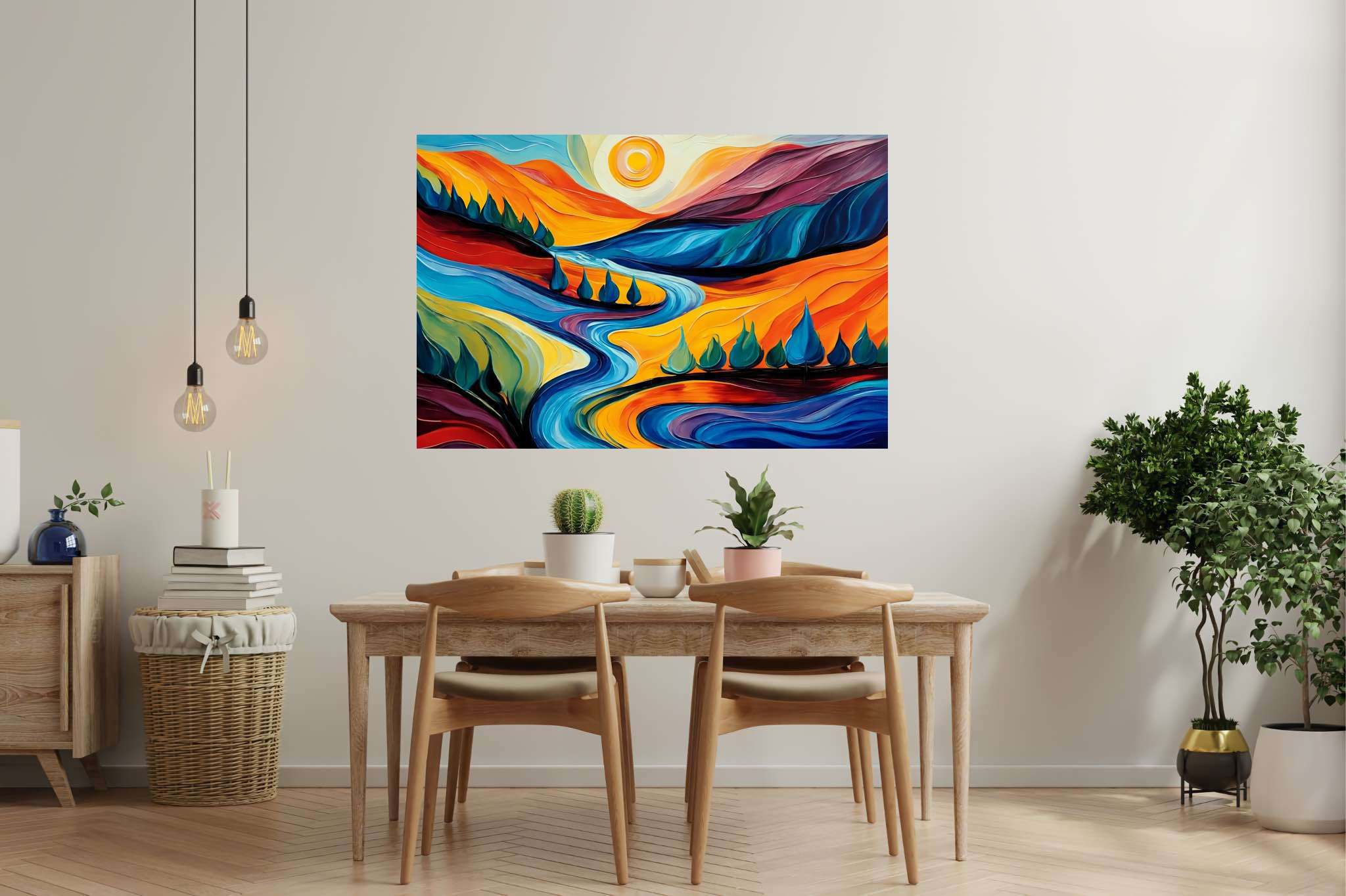 Azure valley hush: Serene landscape art with peaceful nature art, in a room with artistic style, framed art, and trendy home accents. The art can be printed on poster, framed poster, canvas, metal, acrylic or wood, exclusively at WallArtZen. Find this exact print at https://wallartzen.com/waz67