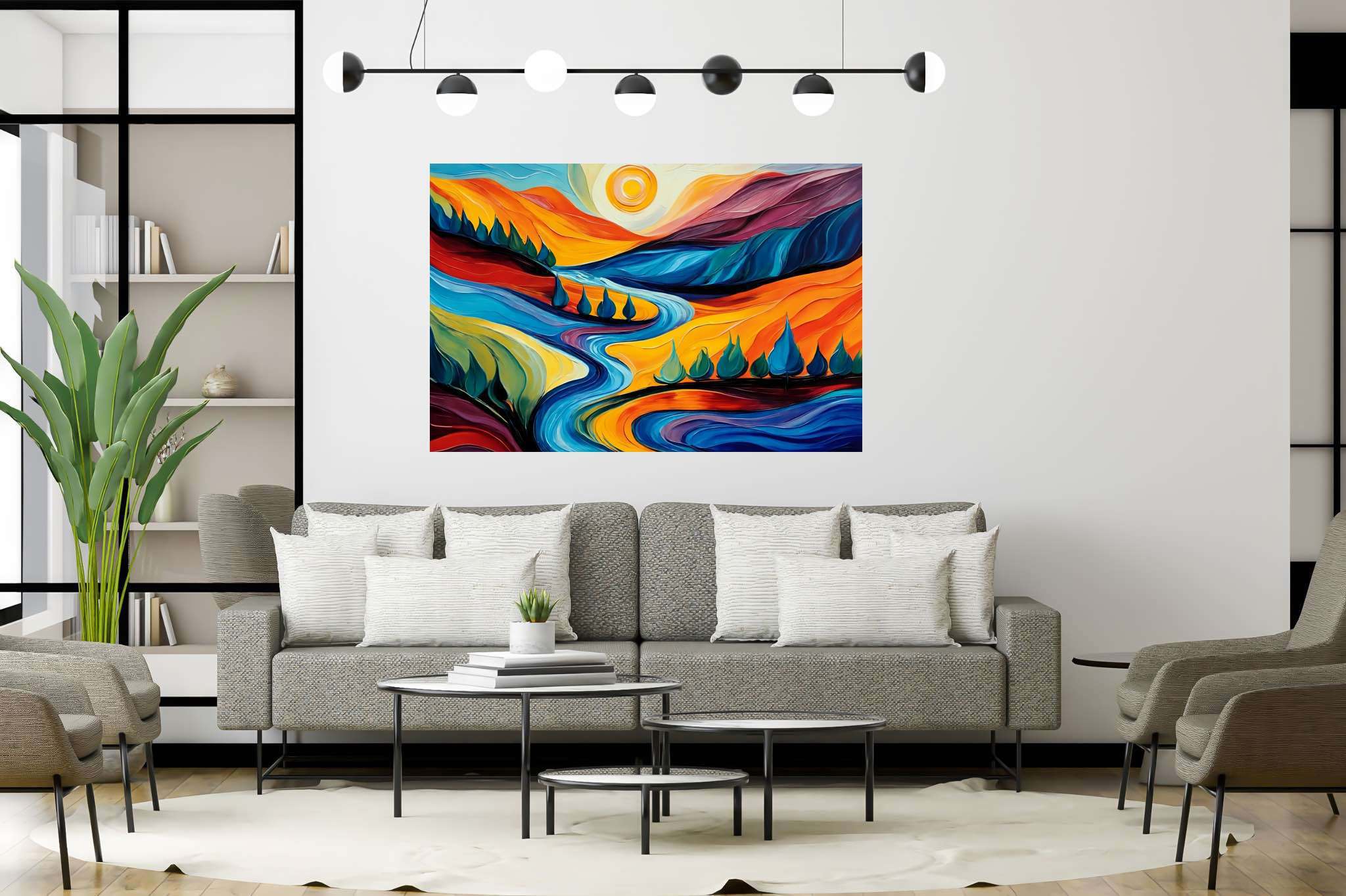 Azure valley hush: Serene landscape art with serene artwork, in a room with minimalist approach, mural artworks, and home furnishings. The art can be printed on poster, framed poster, canvas, metal, acrylic or wood, exclusively at WallArtZen. Find this exact print at https://wallartzen.com/waz67