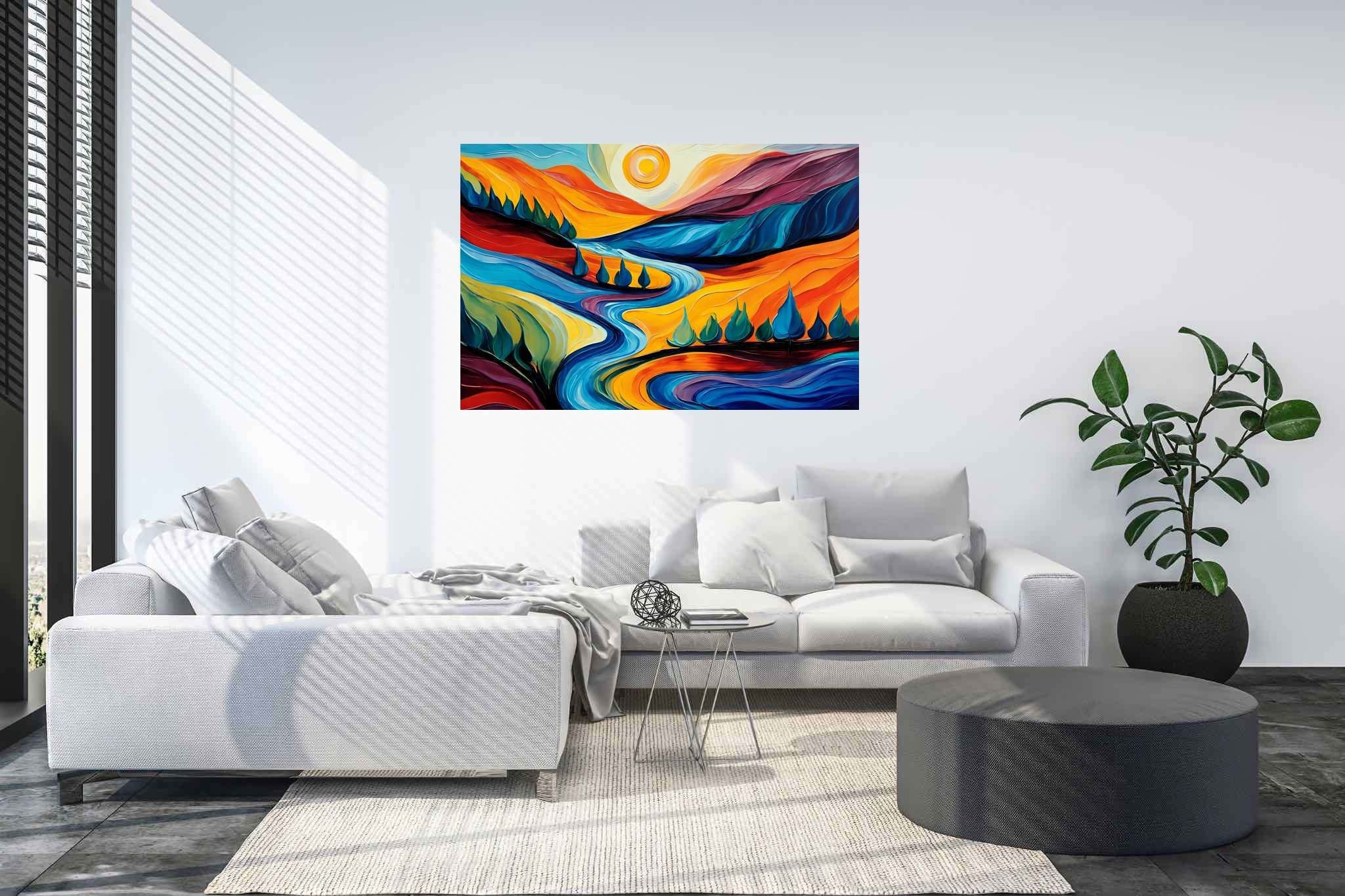 Azure valley hush: Serene landscape art with tranquil scenery, in a room with minimalist approach, digital art pieces, and interior decorations. The art can be printed on poster, framed poster, canvas, metal, acrylic or wood, exclusively at WallArtZen. Find this exact print at https://wallartzen.com/waz67