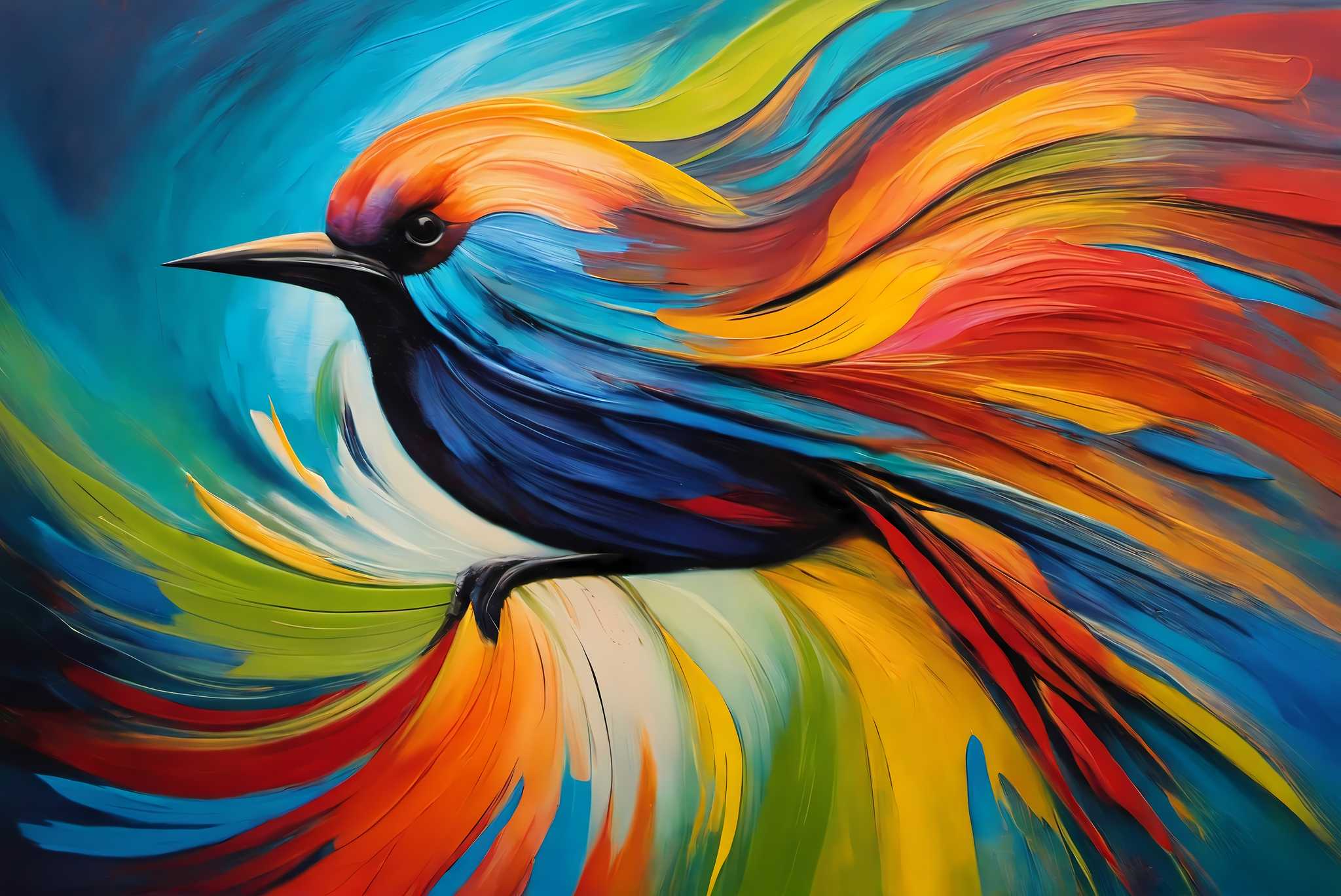 Chroma quill flight: Vibrant bird art with vivid bird illustrations, in a room with contemporary flair, canvas prints, and luxe decor. The art can be printed on poster, framed poster, canvas, metal, acrylic or wood, exclusively at WallArtZen. Find this exact print at https://wallartzen.com/waz68