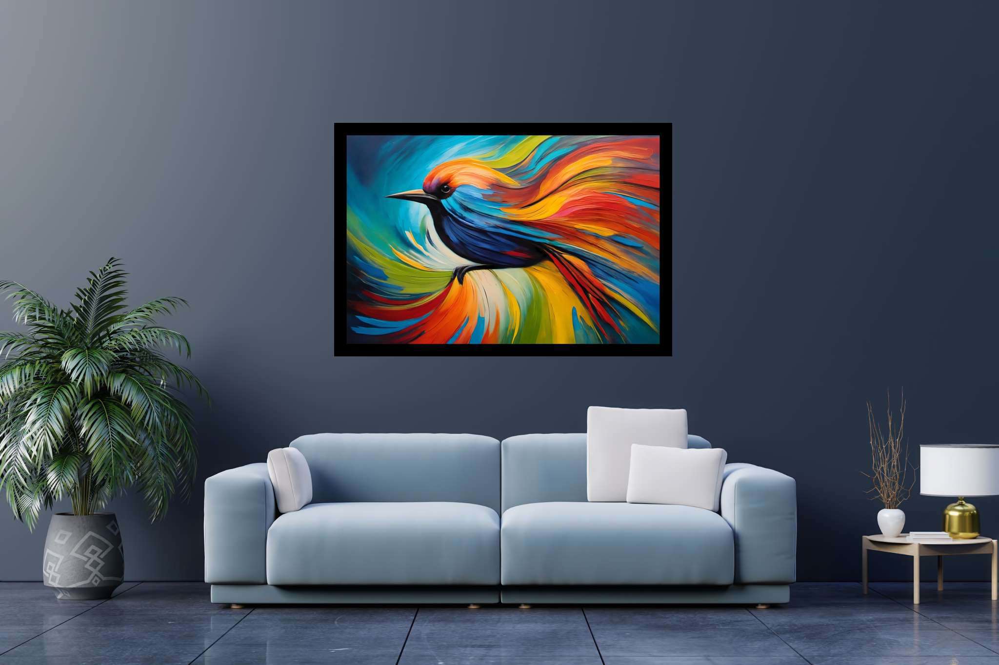 Chroma quill flight: Vibrant bird art with vibrant bird sculptures, in a room with artistic style, mural artworks, and designer furniture. The art can be printed on poster, framed poster, canvas, metal, acrylic or wood, exclusively at WallArtZen. Find this exact print at https://wallartzen.com/waz68