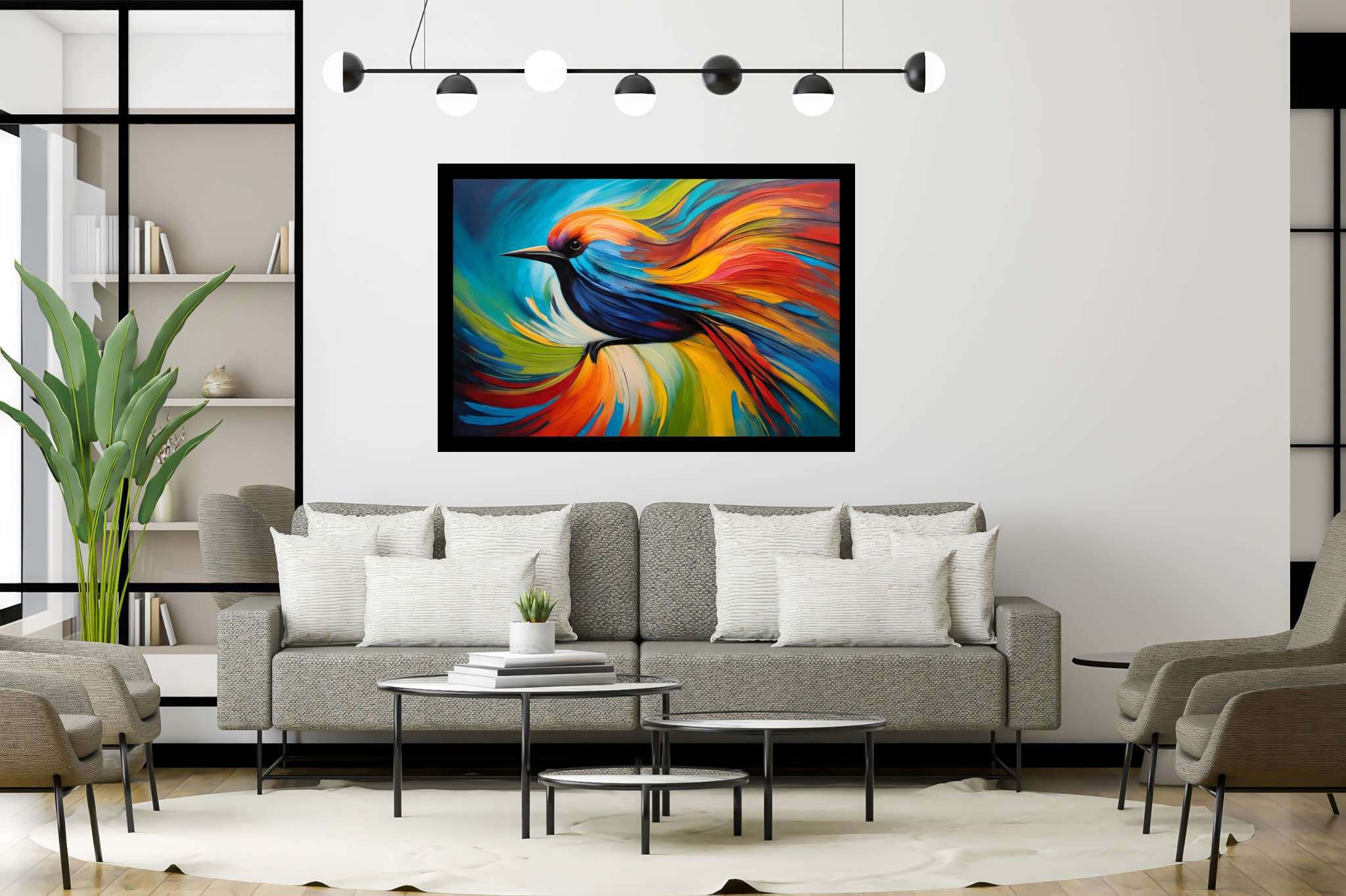 Chroma quill flight: Vibrant bird art with vibrant bird artwork for sale, in a room with chic decor, gallery-quality artwork, and decorative pieces. The art can be printed on poster, framed poster, canvas, metal, acrylic or wood, exclusively at WallArtZen. Find this exact print at https://wallartzen.com/waz68