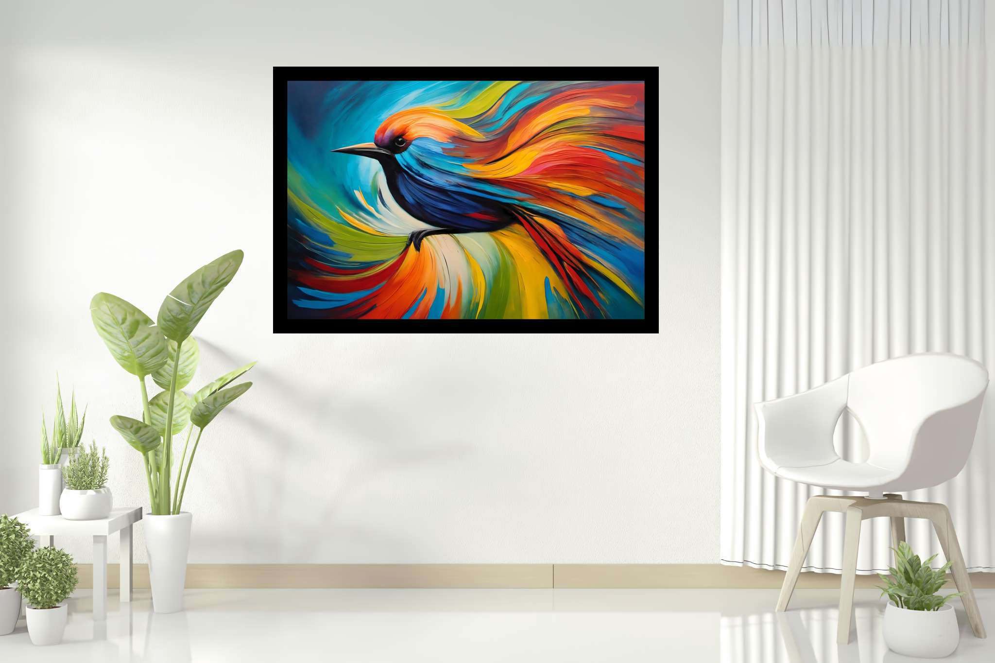 Chroma quill flight: Vibrant bird art with vibrant bird artwork for sale, in a room with artistic style, mural artworks, and stylish accessories. The art can be printed on poster, framed poster, canvas, metal, acrylic or wood, exclusively at WallArtZen. Find this exact print at https://wallartzen.com/waz68
