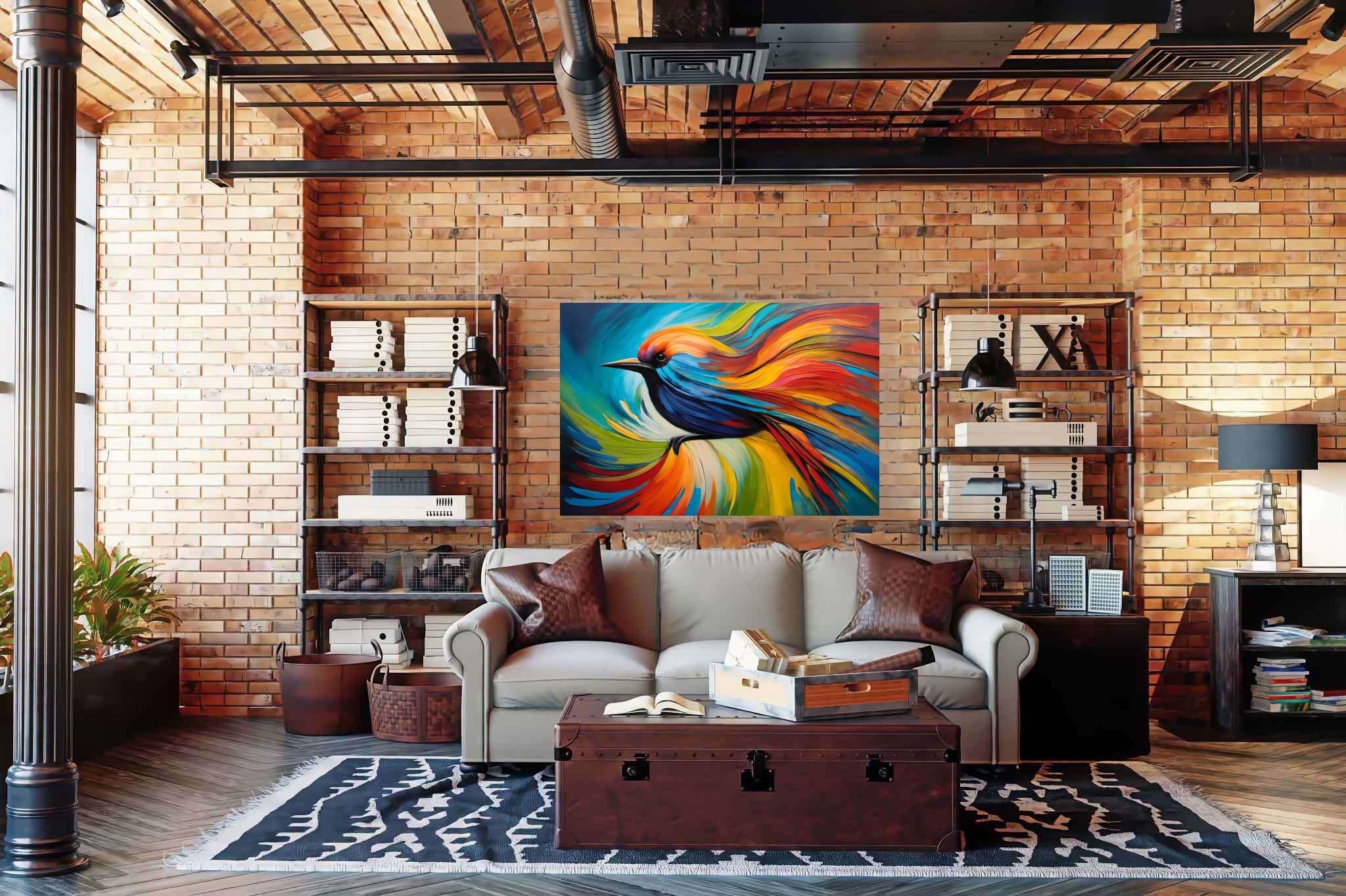 Chroma quill flight: Vibrant bird art with vivid bird illustrations, in a room with classic elegance, gallery-quality artwork, and stylish accessories. The art can be printed on poster, framed poster, canvas, metal, acrylic or wood, exclusively at WallArtZen. Find this exact print at https://wallartzen.com/waz68