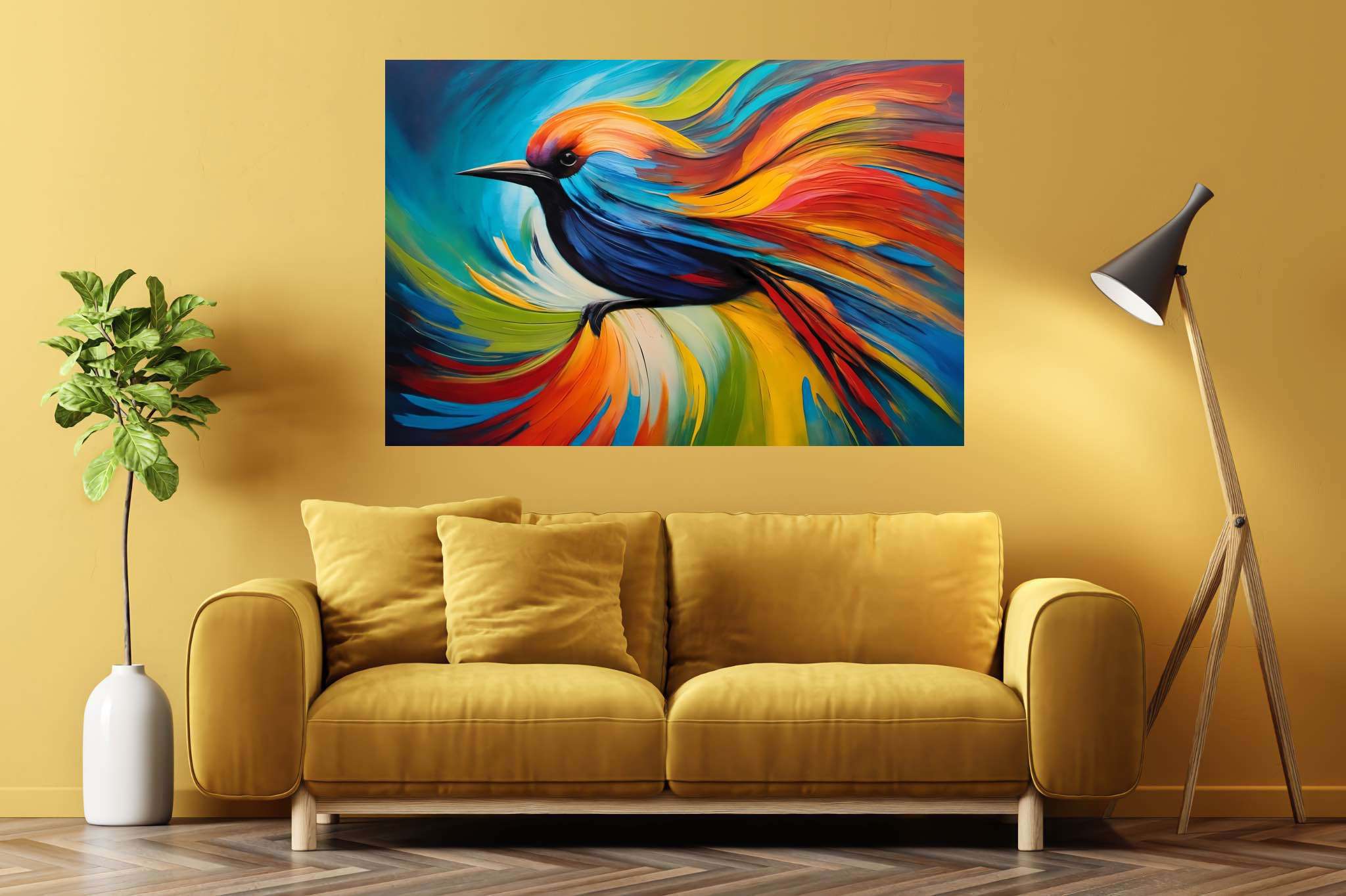 Chroma quill flight: Vibrant bird art with vibrant bird sculptures, in a room with minimalist approach, fine art prints, and luxe decor. The art can be printed on poster, framed poster, canvas, metal, acrylic or wood, exclusively at WallArtZen. Find this exact print at https://wallartzen.com/waz68