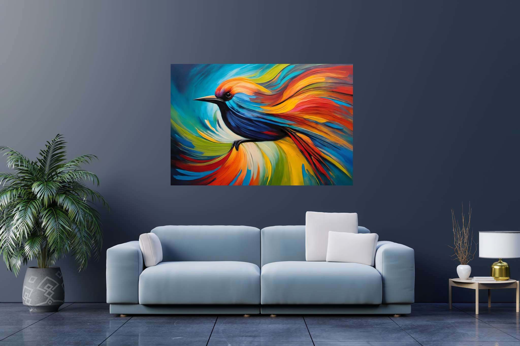 Chroma quill flight: Vibrant bird art with vivid bird illustrations, in a room with chic decor, canvas prints, and luxe decor. The art can be printed on poster, framed poster, canvas, metal, acrylic or wood, exclusively at WallArtZen. Find this exact print at https://wallartzen.com/waz68