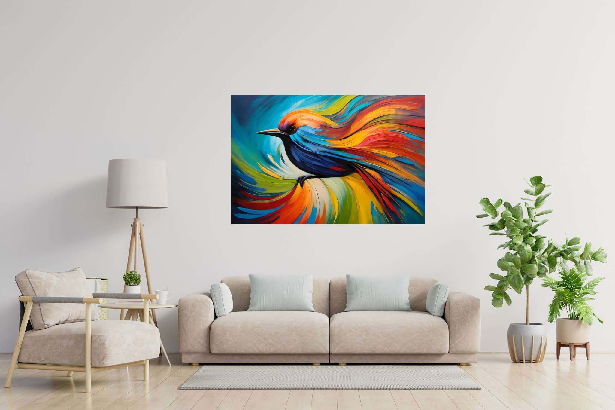 Chroma quill flight: Vibrant bird art with vibrant bird paintings, in a room with modern style, abstract paintings, and home furnishings. The art can be printed on poster, framed poster, canvas, metal, acrylic or wood, exclusively at WallArtZen. Find this exact print at https://wallartzen.com/waz68