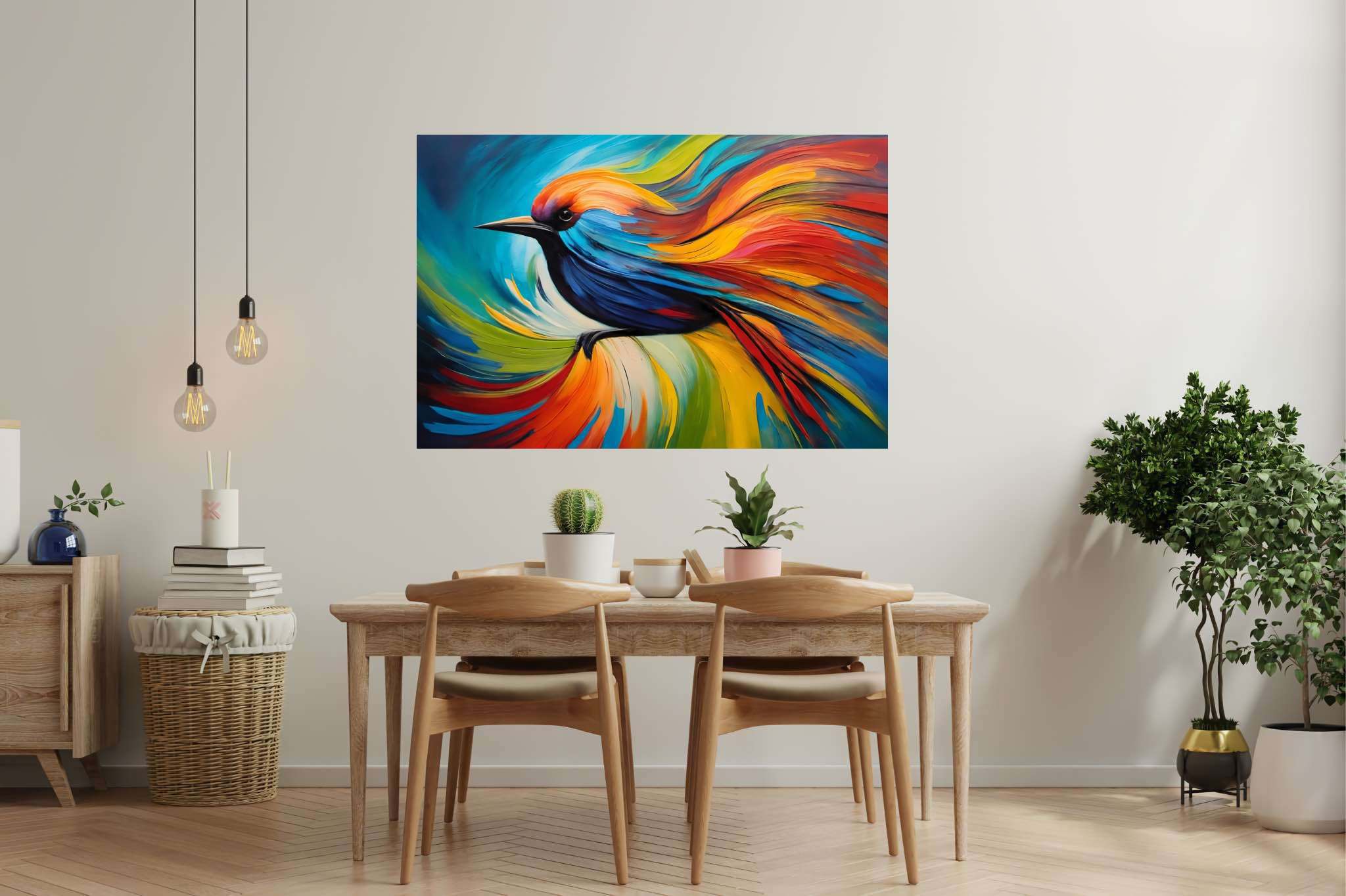 Chroma quill flight: Vibrant bird art with vibrant bird prints, in a room with contemporary flair, fine art prints, and stylish accessories. The art can be printed on poster, framed poster, canvas, metal, acrylic or wood, exclusively at WallArtZen. Find this exact print at https://wallartzen.com/waz68
