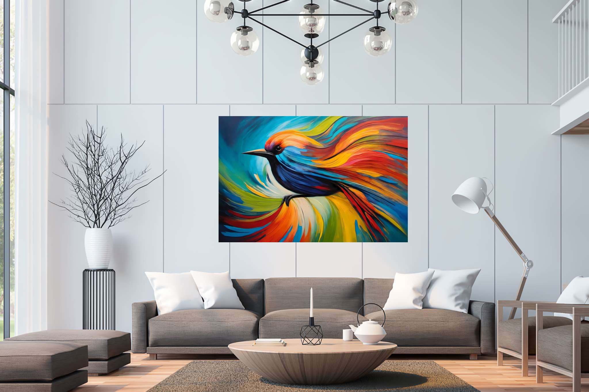 Chroma quill flight: Vibrant bird art with vibrant feathered creatures, in a room with innovative layout, wall hangings, and interior decorations. The art can be printed on poster, framed poster, canvas, metal, acrylic or wood, exclusively at WallArtZen. Find this exact print at https://wallartzen.com/waz68