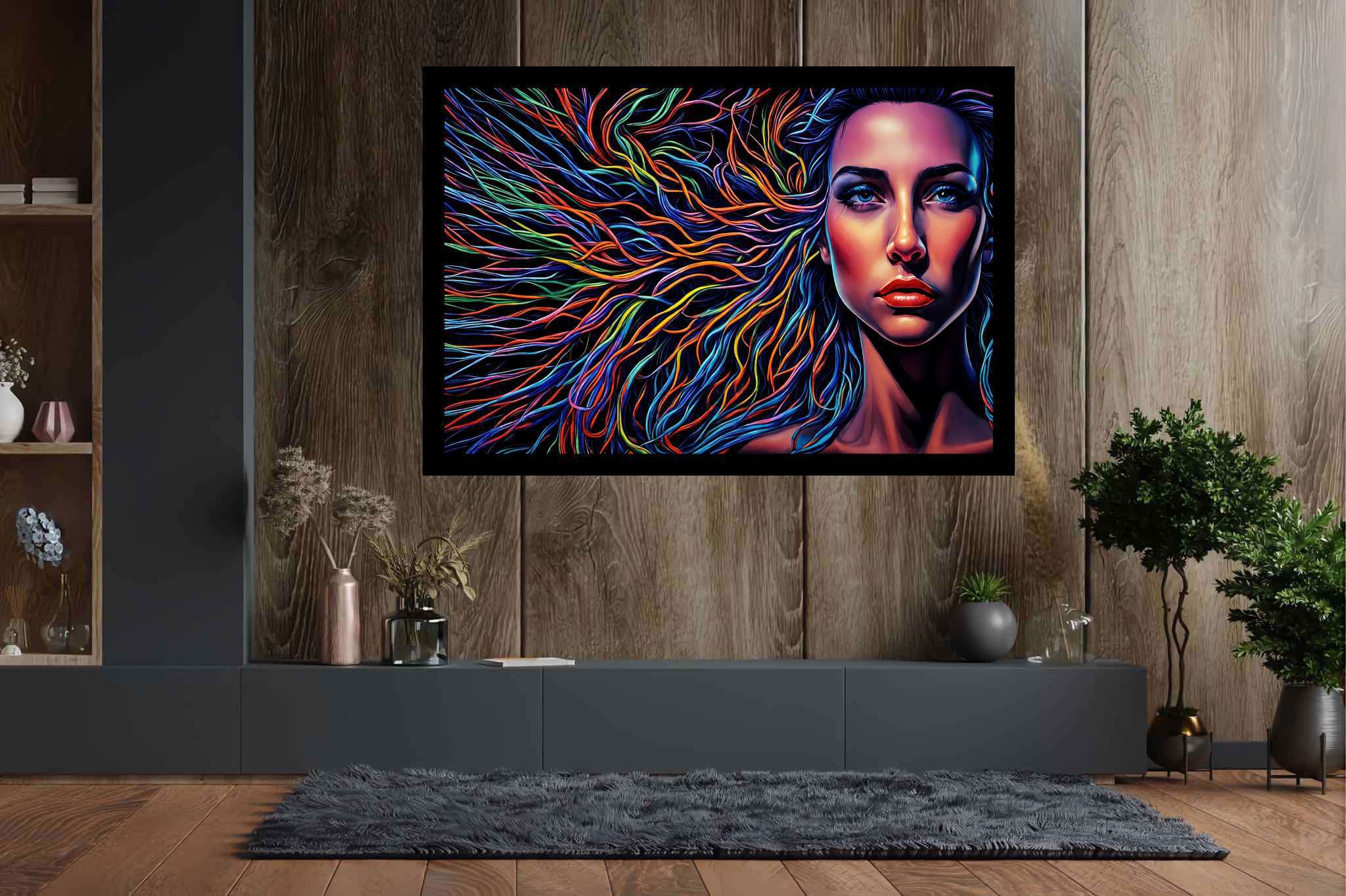 Chroma cascade: Vibrant hair art with artistic hair transformations, in a room with urban design, fine art prints, and designer furniture. The art can be printed on poster, framed poster, canvas, metal, acrylic or wood, exclusively at WallArtZen. Find this exact print at https://wallartzen.com/waz69
