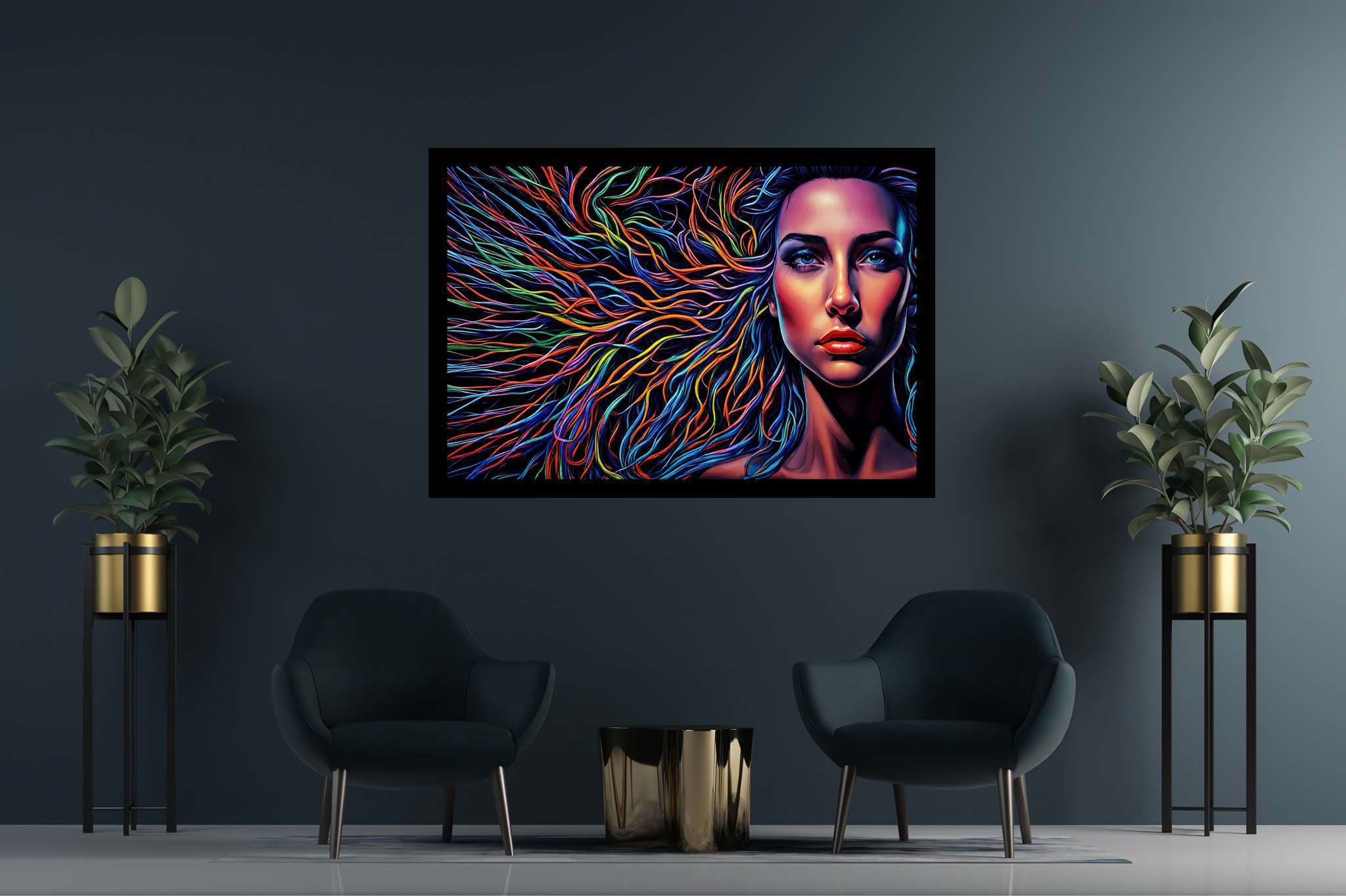 Chroma cascade: Vibrant hair art with colorful hair, in a room with classic elegance, mural artworks, and trendy home accents. The art can be printed on poster, framed poster, canvas, metal, acrylic or wood, exclusively at WallArtZen. Find this exact print at https://wallartzen.com/waz69