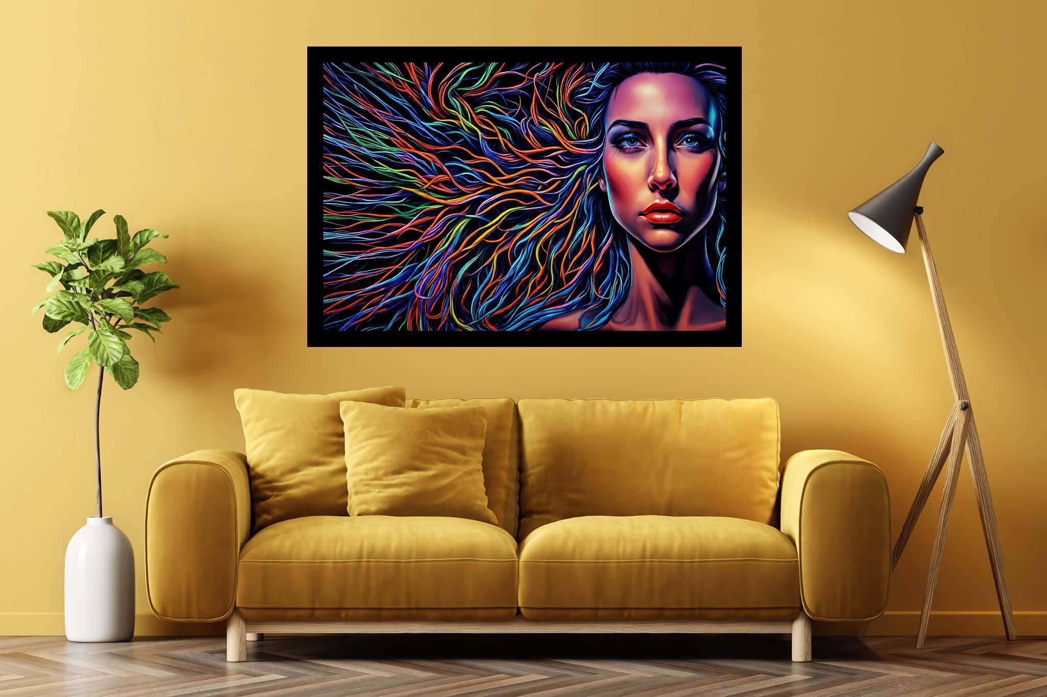 Chroma cascade: Vibrant hair art with expressive hair art, in a room with elegant layout, bespoke art designs, and home styling items. The art can be printed on poster, framed poster, canvas, metal, acrylic or wood, exclusively at WallArtZen. Find this exact print at https://wallartzen.com/waz69