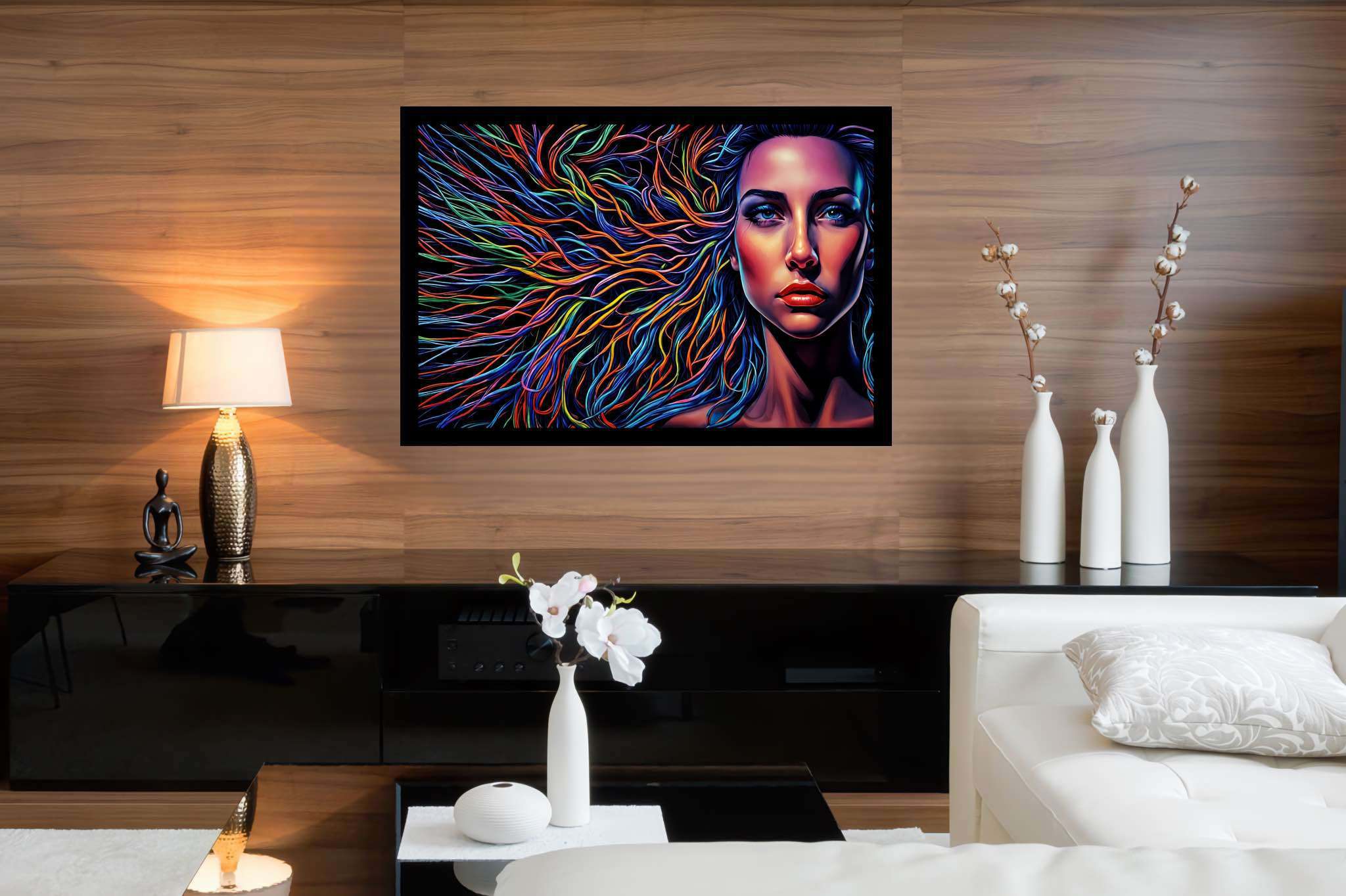 Chroma cascade: Vibrant hair art with bold hair art, in a room with contemporary flair, digital art pieces, and designer furniture. The art can be printed on poster, framed poster, canvas, metal, acrylic or wood, exclusively at WallArtZen. Find this exact print at https://wallartzen.com/waz69