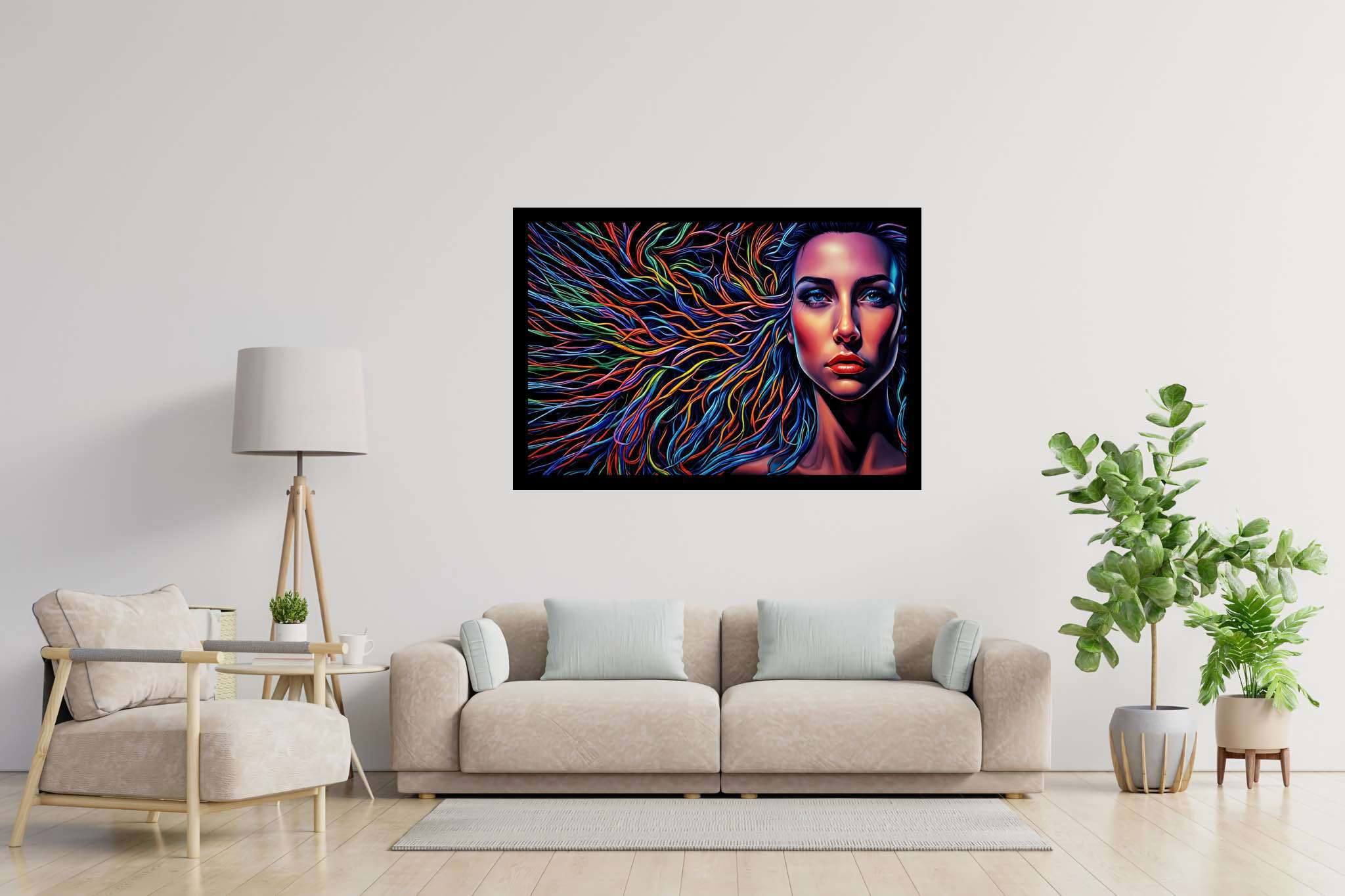 Chroma cascade: Vibrant hair art with bold hair art, in a room with artistic style, digital art pieces, and artisan decor. The art can be printed on poster, framed poster, canvas, metal, acrylic or wood, exclusively at WallArtZen. Find this exact print at https://wallartzen.com/waz69