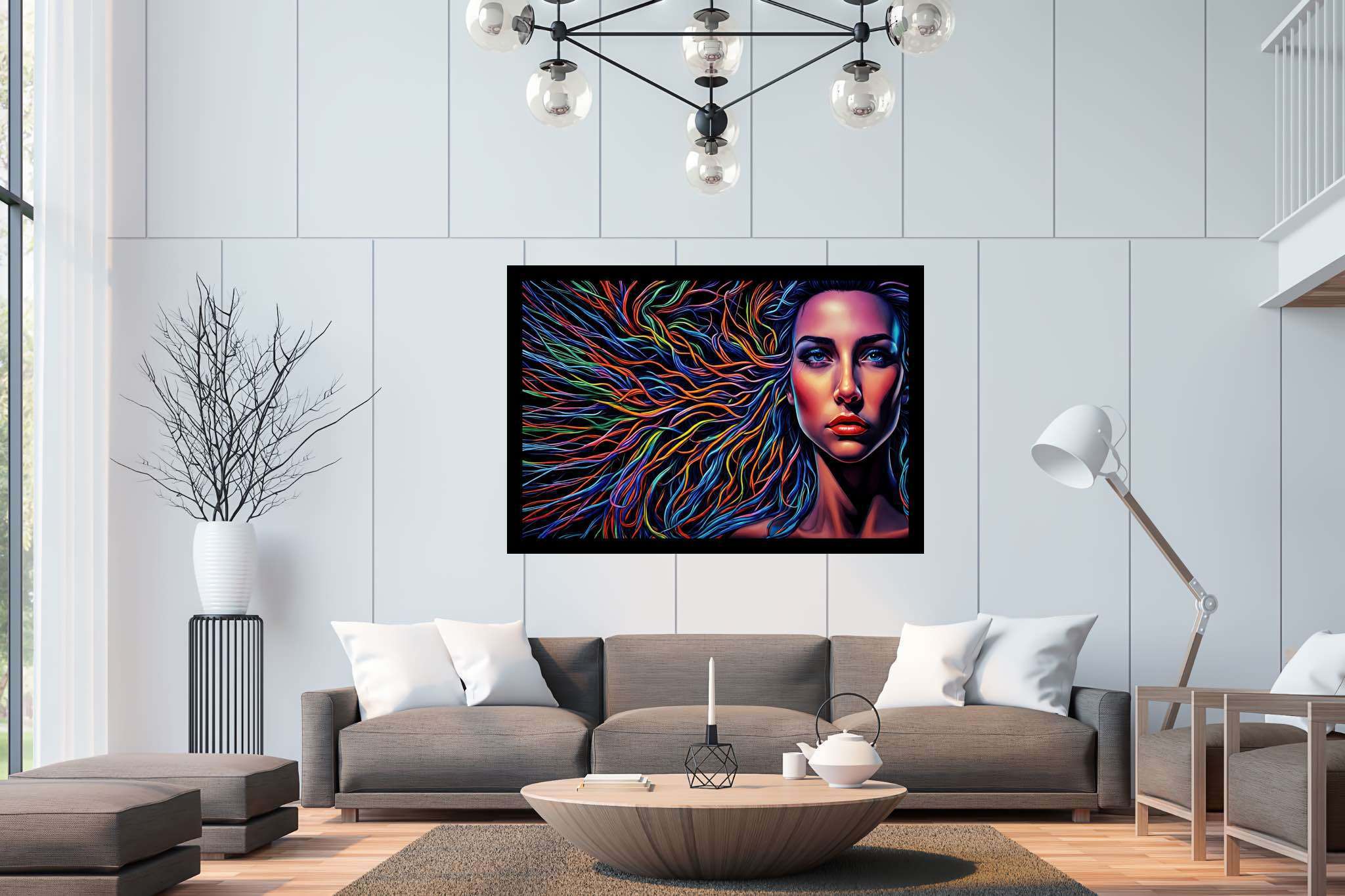 Chroma cascade: Vibrant hair art with vibrant hair inspirations, in a room with chic decor, digital art pieces, and home furnishings. The art can be printed on poster, framed poster, canvas, metal, acrylic or wood, exclusively at WallArtZen. Find this exact print at https://wallartzen.com/waz69