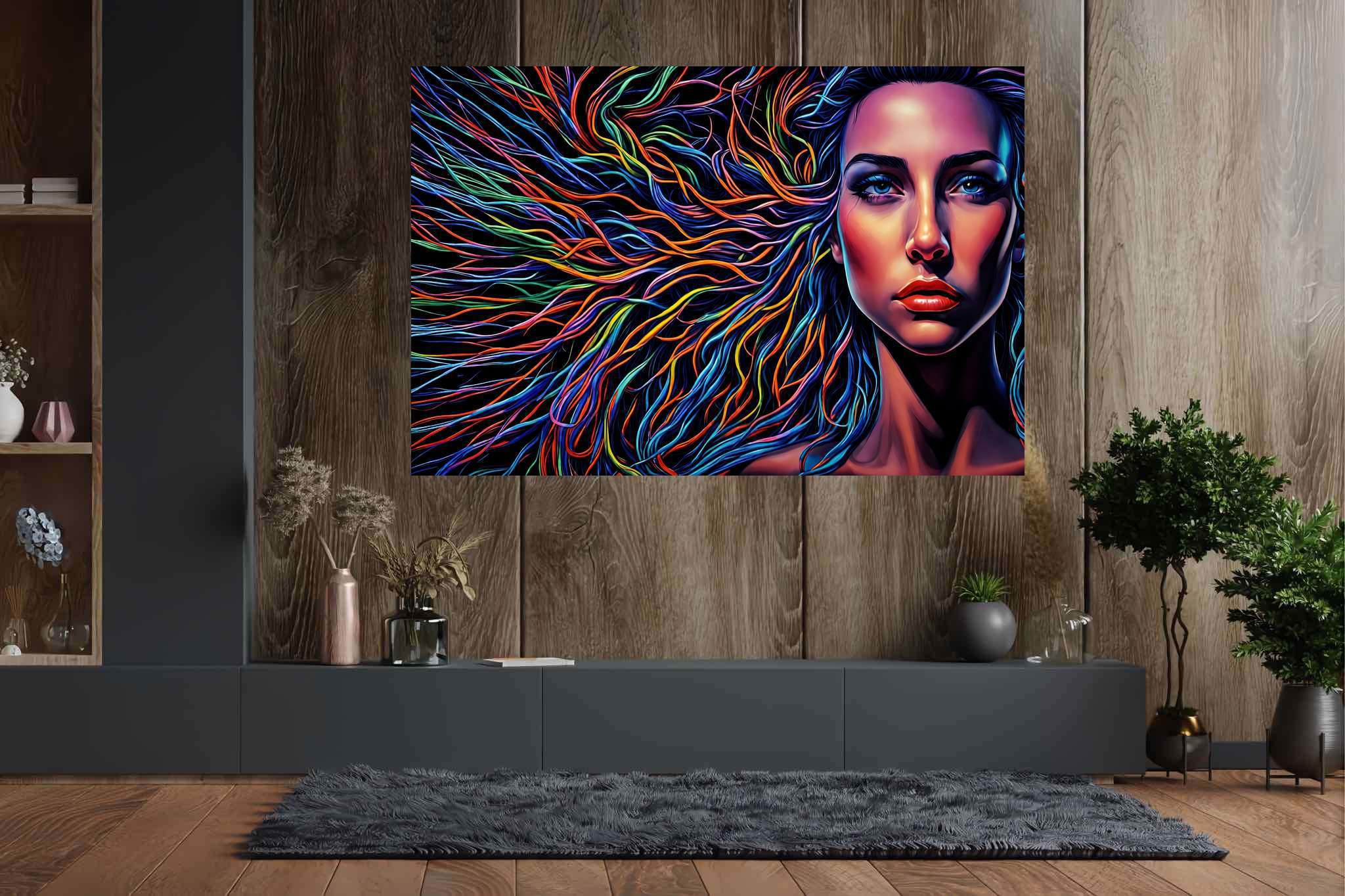 Chroma cascade: Vibrant hair art with artistic hair transformations, in a room with urban design, digital art pieces, and trendy home accents. The art can be printed on poster, framed poster, canvas, metal, acrylic or wood, exclusively at WallArtZen. Find this exact print at https://wallartzen.com/waz69