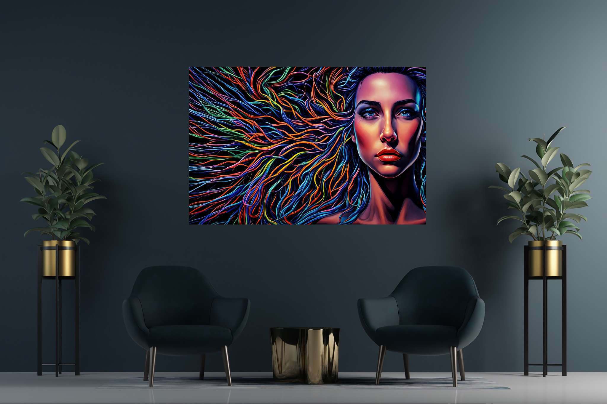 Chroma cascade: Vibrant hair art with artistic hairstyles, in a room with chic decor, gallery-quality artwork, and decorative pieces. The art can be printed on poster, framed poster, canvas, metal, acrylic or wood, exclusively at WallArtZen. Find this exact print at https://wallartzen.com/waz69
