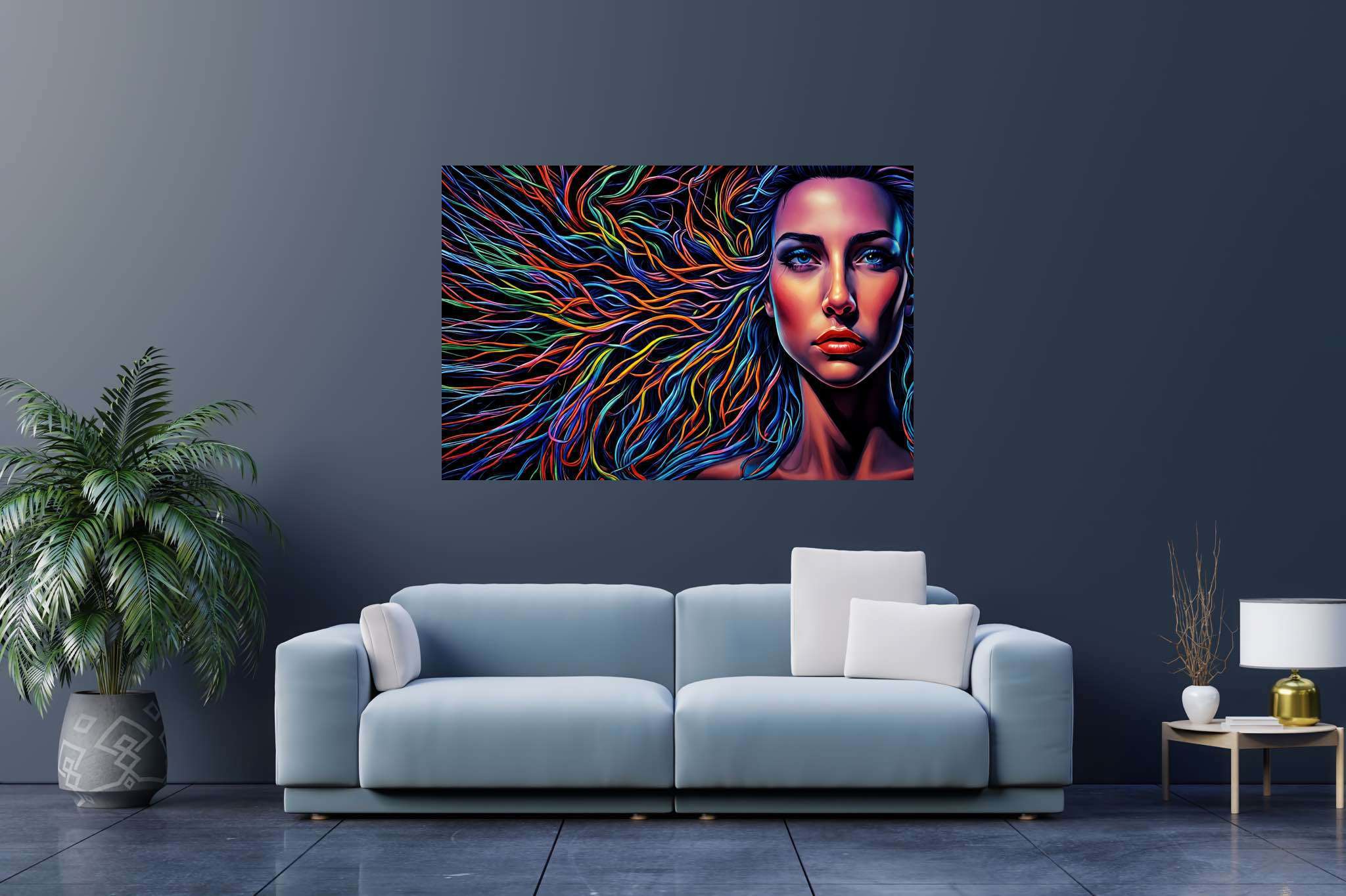 Chroma cascade: Vibrant hair art with vibrant hair extensions, in a room with urban design, bespoke art designs, and interior decorations. The art can be printed on poster, framed poster, canvas, metal, acrylic or wood, exclusively at WallArtZen. Find this exact print at https://wallartzen.com/waz69