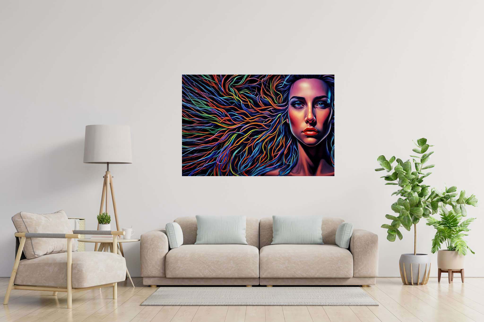 Chroma cascade: Vibrant hair art with vibrant hair extensions, in a room with artistic style, abstract paintings, and trendy home accents. The art can be printed on poster, framed poster, canvas, metal, acrylic or wood, exclusively at WallArtZen. Find this exact print at https://wallartzen.com/waz69