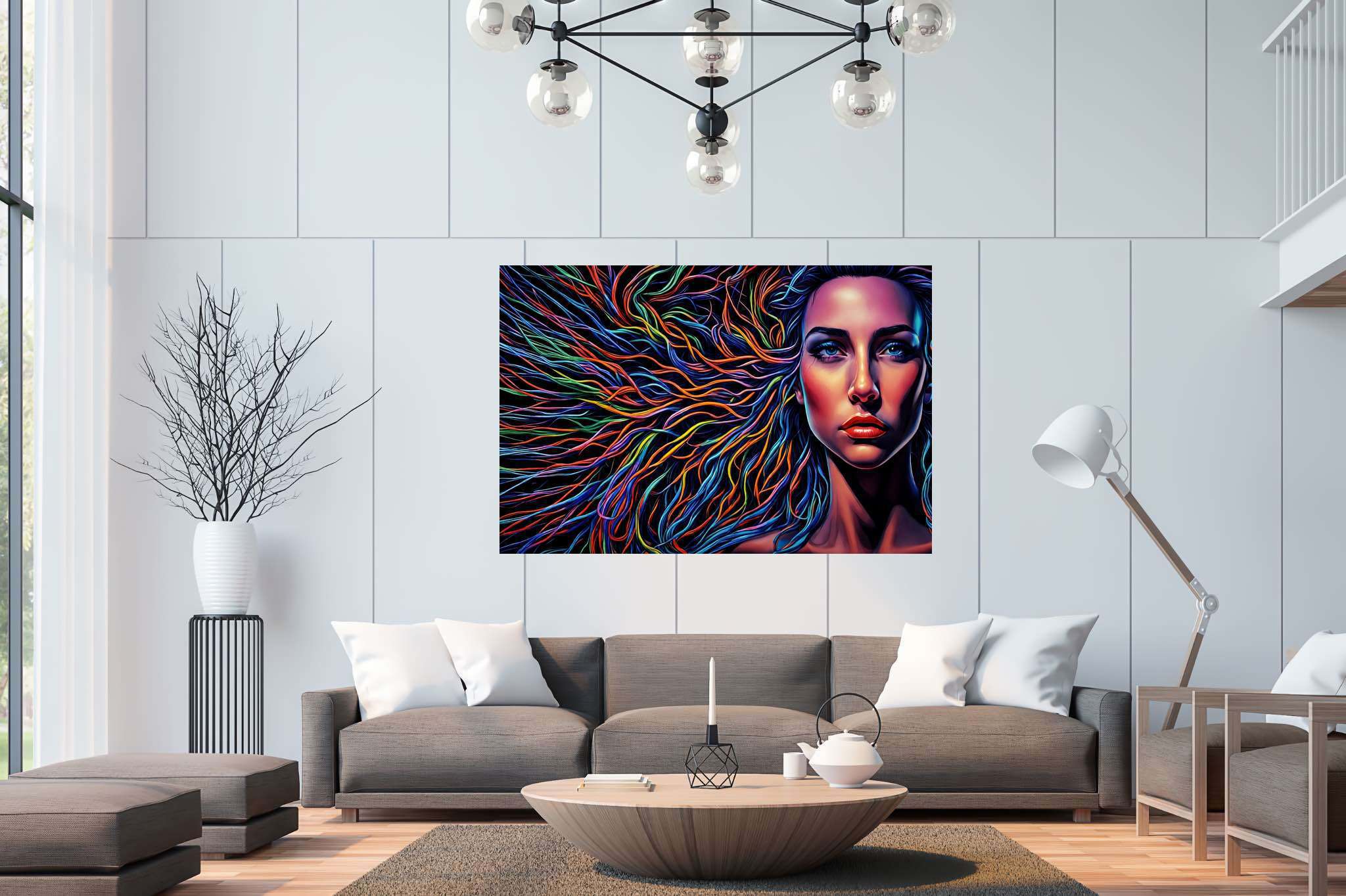 Chroma cascade: Vibrant hair art with creative hair designs, in a room with elegant layout, fine art prints, and elegant home goods. The art can be printed on poster, framed poster, canvas, metal, acrylic or wood, exclusively at WallArtZen. Find this exact print at https://wallartzen.com/waz69