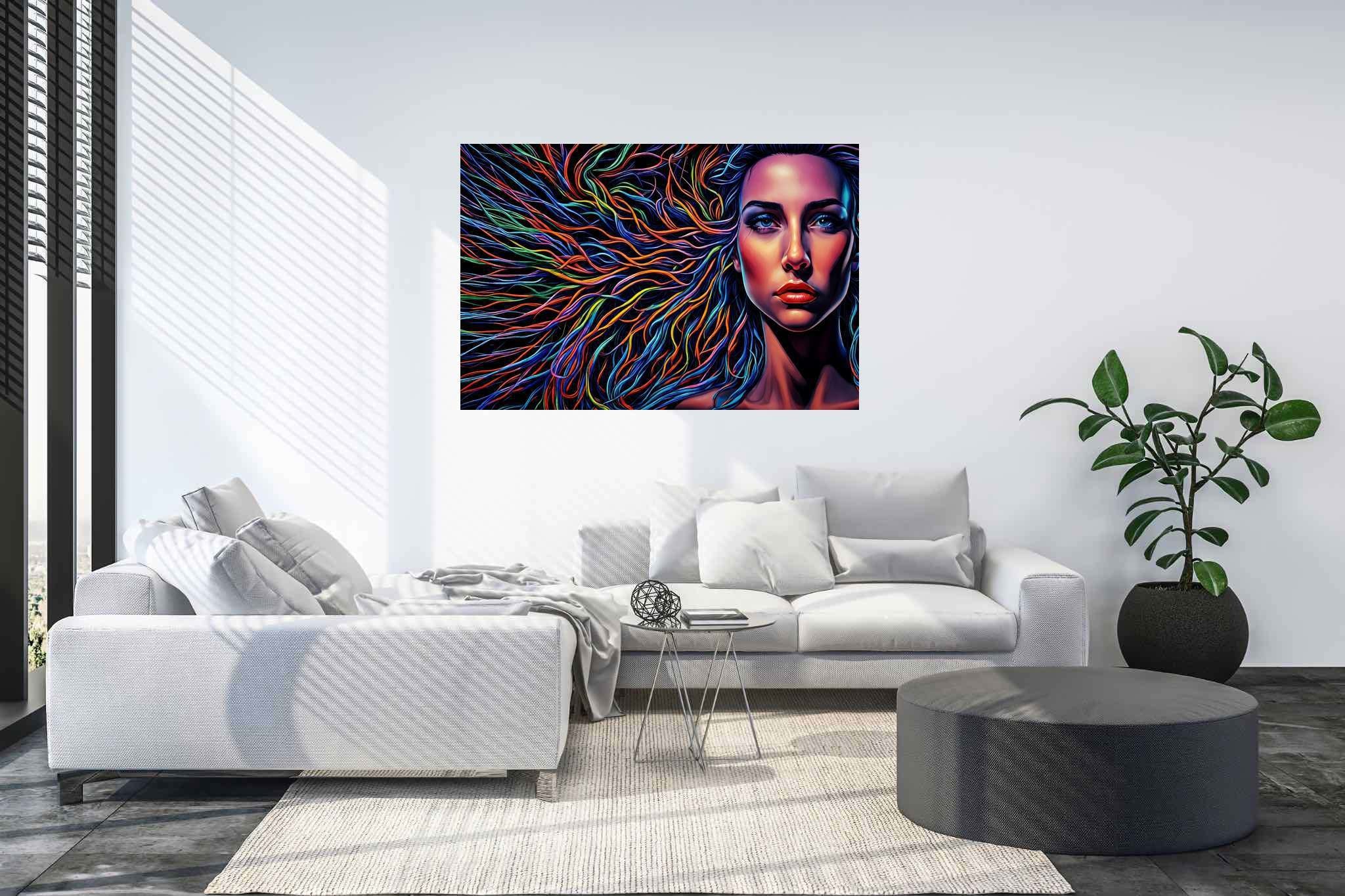 Chroma cascade: Vibrant hair art with artistic hair transformations, in a room with classic elegance, canvas prints, and home styling items. The art can be printed on poster, framed poster, canvas, metal, acrylic or wood, exclusively at WallArtZen. Find this exact print at https://wallartzen.com/waz69
