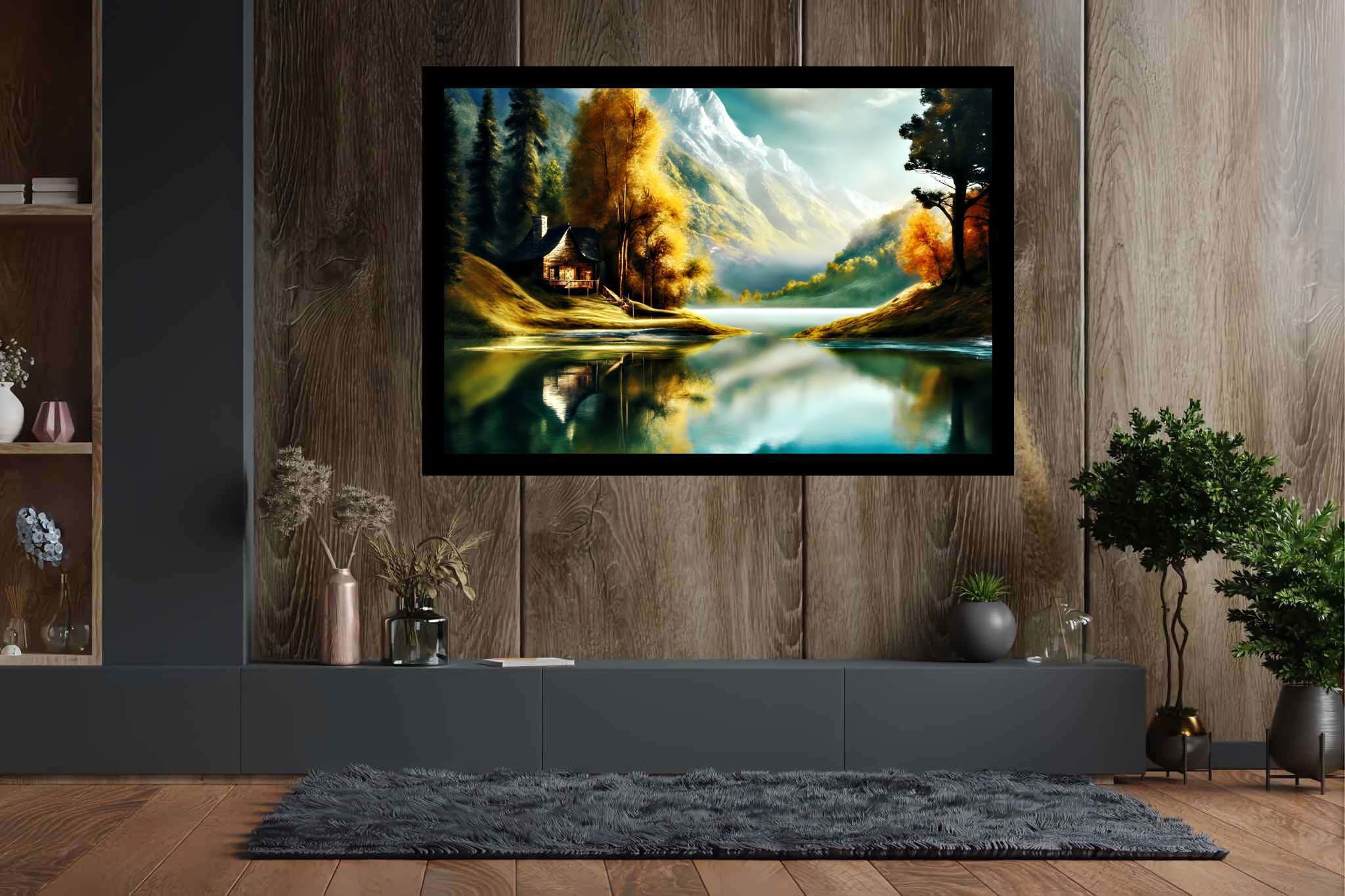 Autumn tapestry unfolds: Autumnal landscape art with scenic art, in a room with great design, wall art, and stylish accessories. The art can be printed on poster, framed poster, canvas, metal, acrylic or wood, exclusively at WallArtZen. Find this exact print at https://wallartzen.com/waz6
