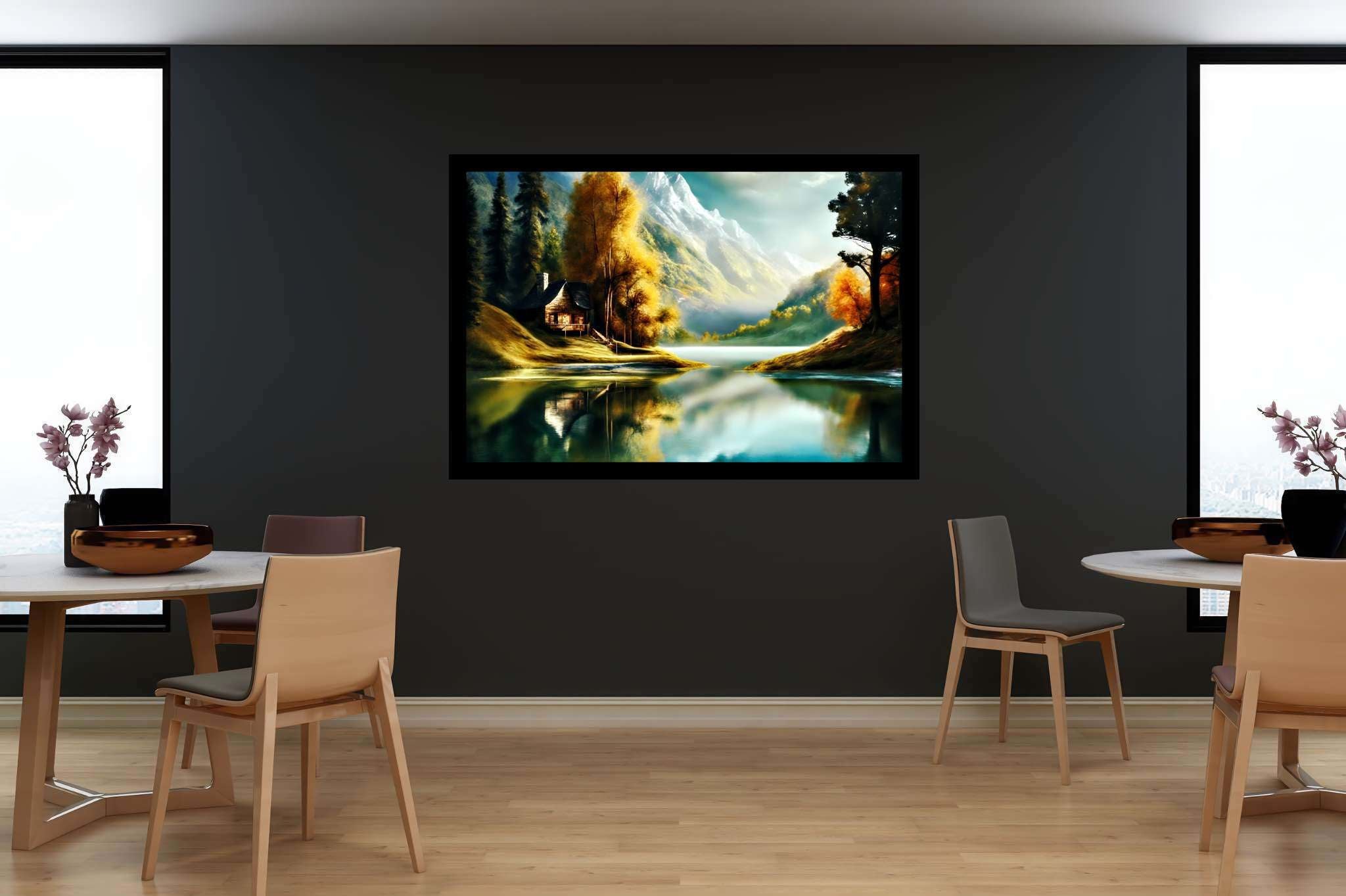 Autumn tapestry unfolds: Autumnal landscape art with landscape artwork for sale, in a room with artistic style, wall art, and designer furniture. The art can be printed on poster, framed poster, canvas, metal, acrylic or wood, exclusively at WallArtZen. Find this exact print at https://wallartzen.com/waz6
