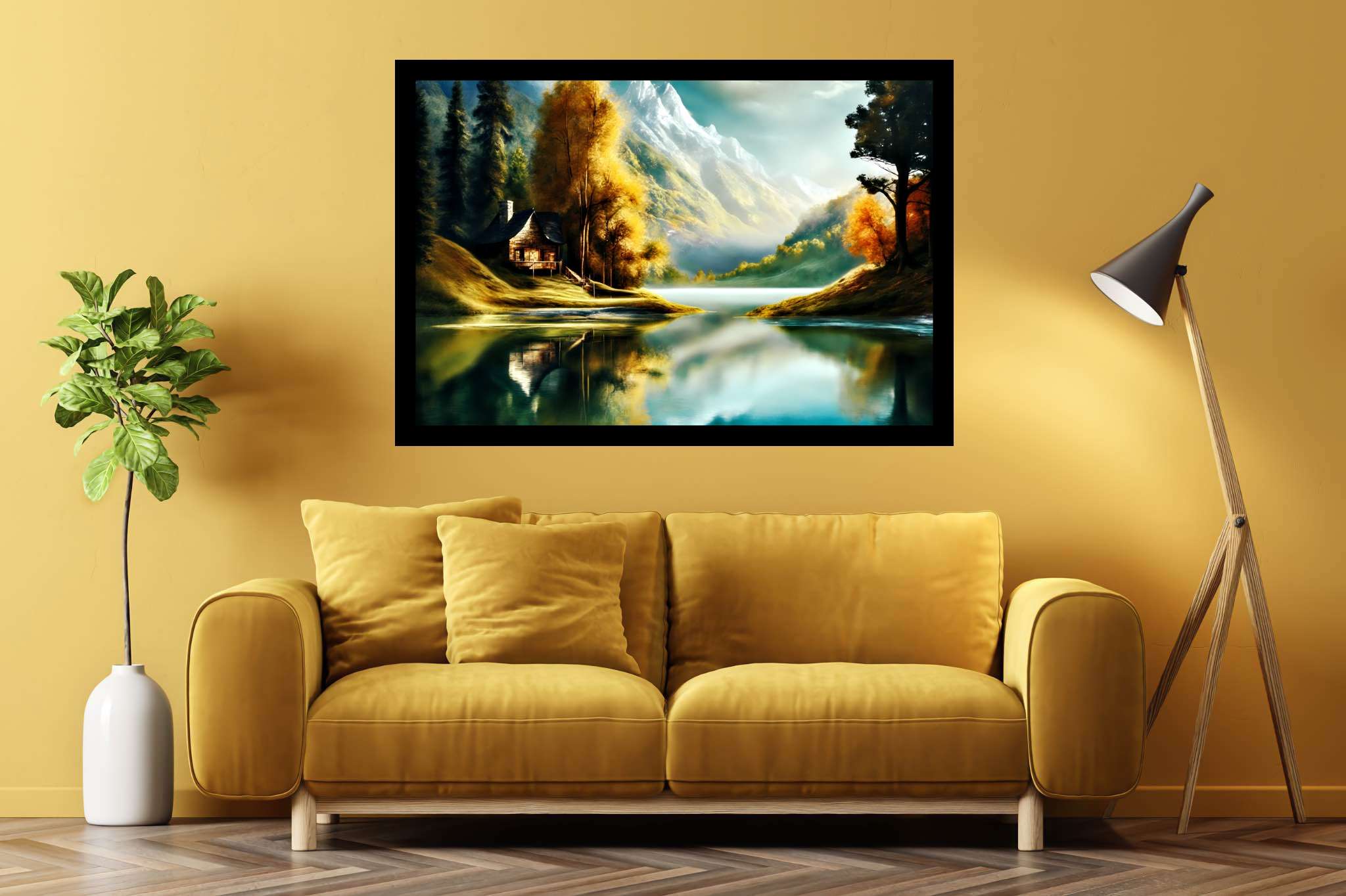 Autumn tapestry unfolds: Autumnal landscape art with autumn landscape canvas, in a room with minimalist approach, canvas prints, and artisan decor. The art can be printed on poster, framed poster, canvas, metal, acrylic or wood, exclusively at WallArtZen. Find this exact print at https://wallartzen.com/waz6