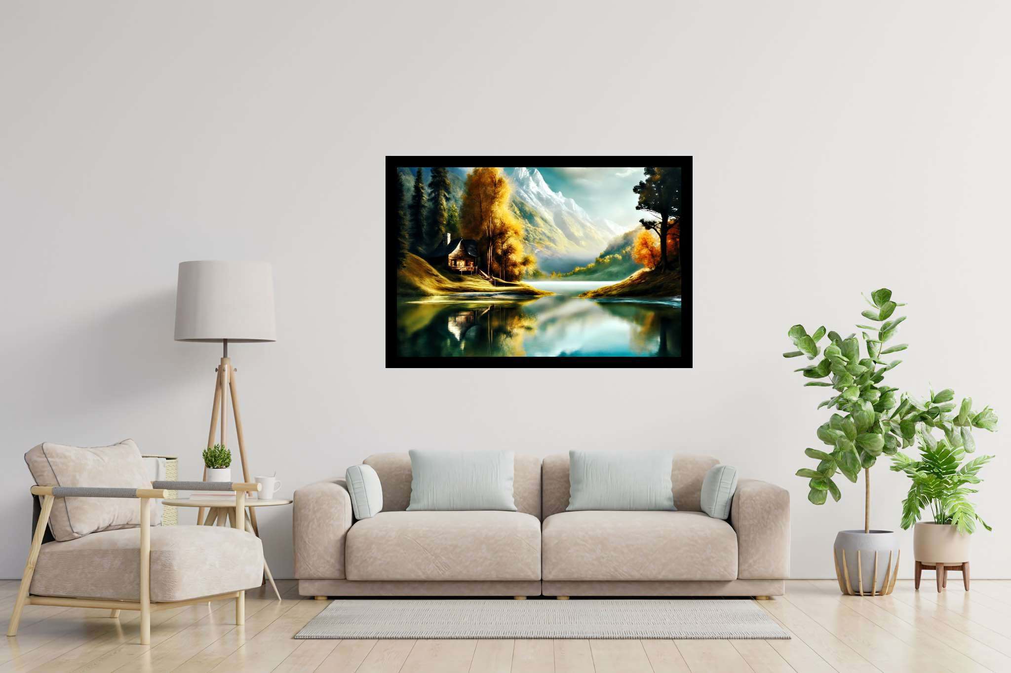 Autumn tapestry unfolds: Autumnal landscape art with scenic art, in a room with urban design, wall hangings, and designer furniture. The art can be printed on poster, framed poster, canvas, metal, acrylic or wood, exclusively at WallArtZen. Find this exact print at https://wallartzen.com/waz6