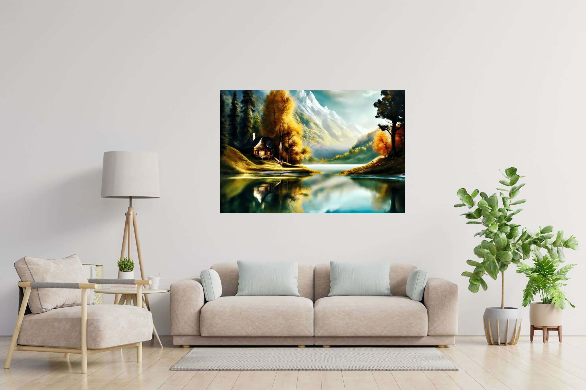 Autumn tapestry unfolds: Autumnal landscape art with fall foliage artwork, in a room with artistic style, digital art pieces, and home furnishings. The art can be printed on poster, framed poster, canvas, metal, acrylic or wood, exclusively at WallArtZen. Find this exact print at https://wallartzen.com/waz6