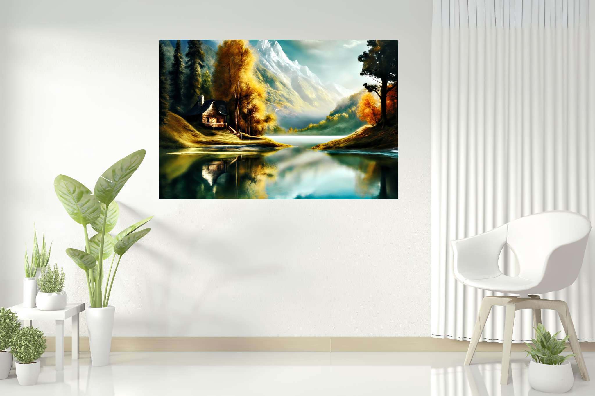 Autumn tapestry unfolds: Autumnal landscape art with seasonal landscape painting, in a room with chic decor, canvas prints, and luxe decor. The art can be printed on poster, framed poster, canvas, metal, acrylic or wood, exclusively at WallArtZen. Find this exact print at https://wallartzen.com/waz6