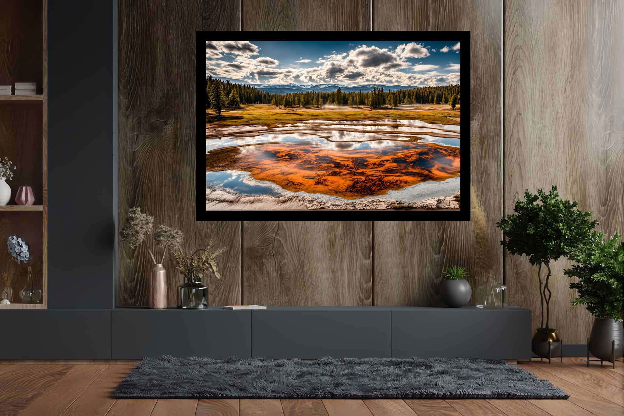 Chroma lake serenade: Vibrant pond art with nature-inspired artwork, in a room with great design, abstract paintings, and elegant home goods. The art can be printed on poster, framed poster, canvas, metal, acrylic or wood, exclusively at WallArtZen. Find this exact print at https://wallartzen.com/waz70