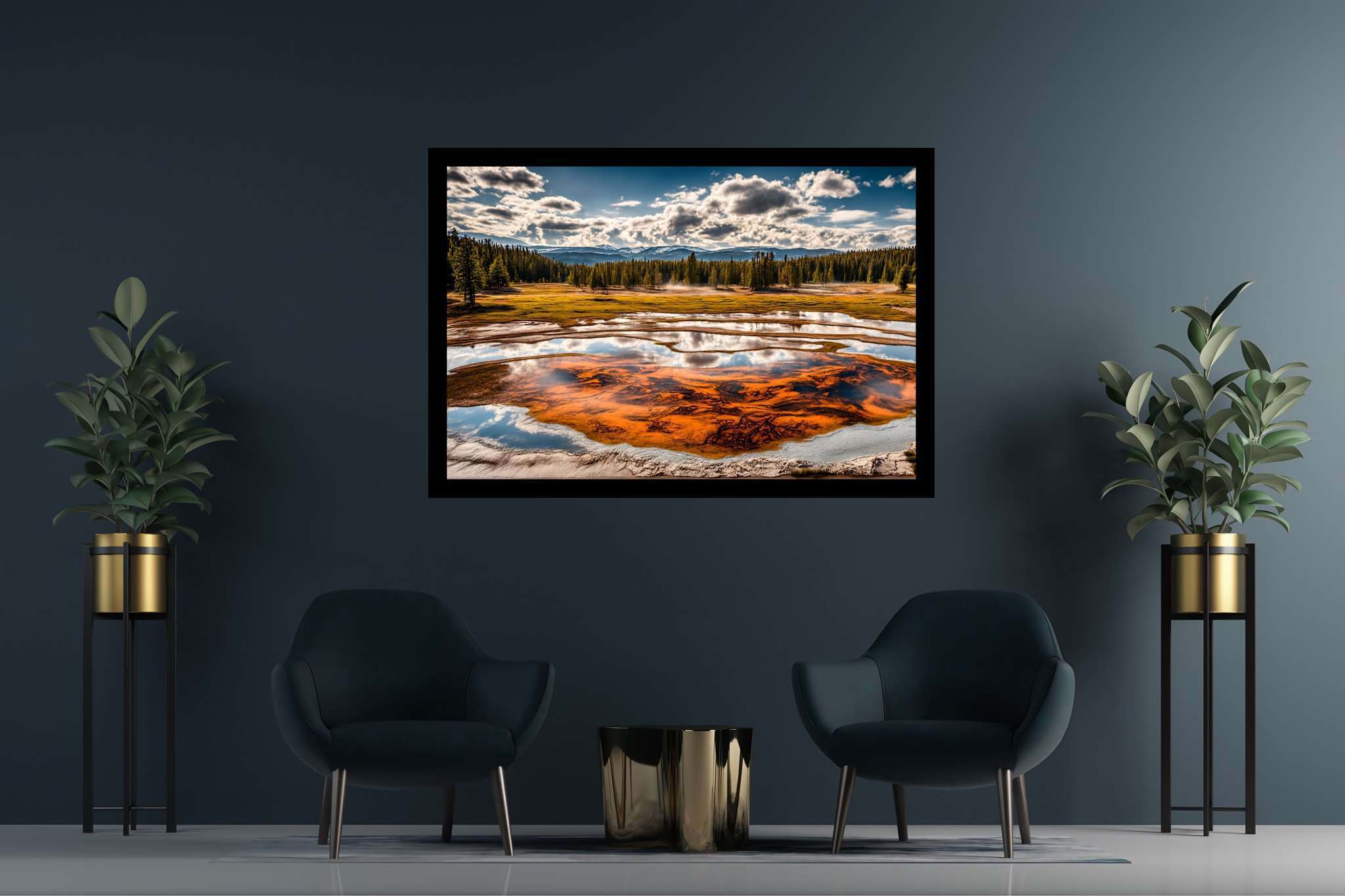 Chroma lake serenade: Vibrant pond art with serene pond scenery, in a room with minimalist approach, fine art prints, and artisan decor. The art can be printed on poster, framed poster, canvas, metal, acrylic or wood, exclusively at WallArtZen. Find this exact print at https://wallartzen.com/waz70