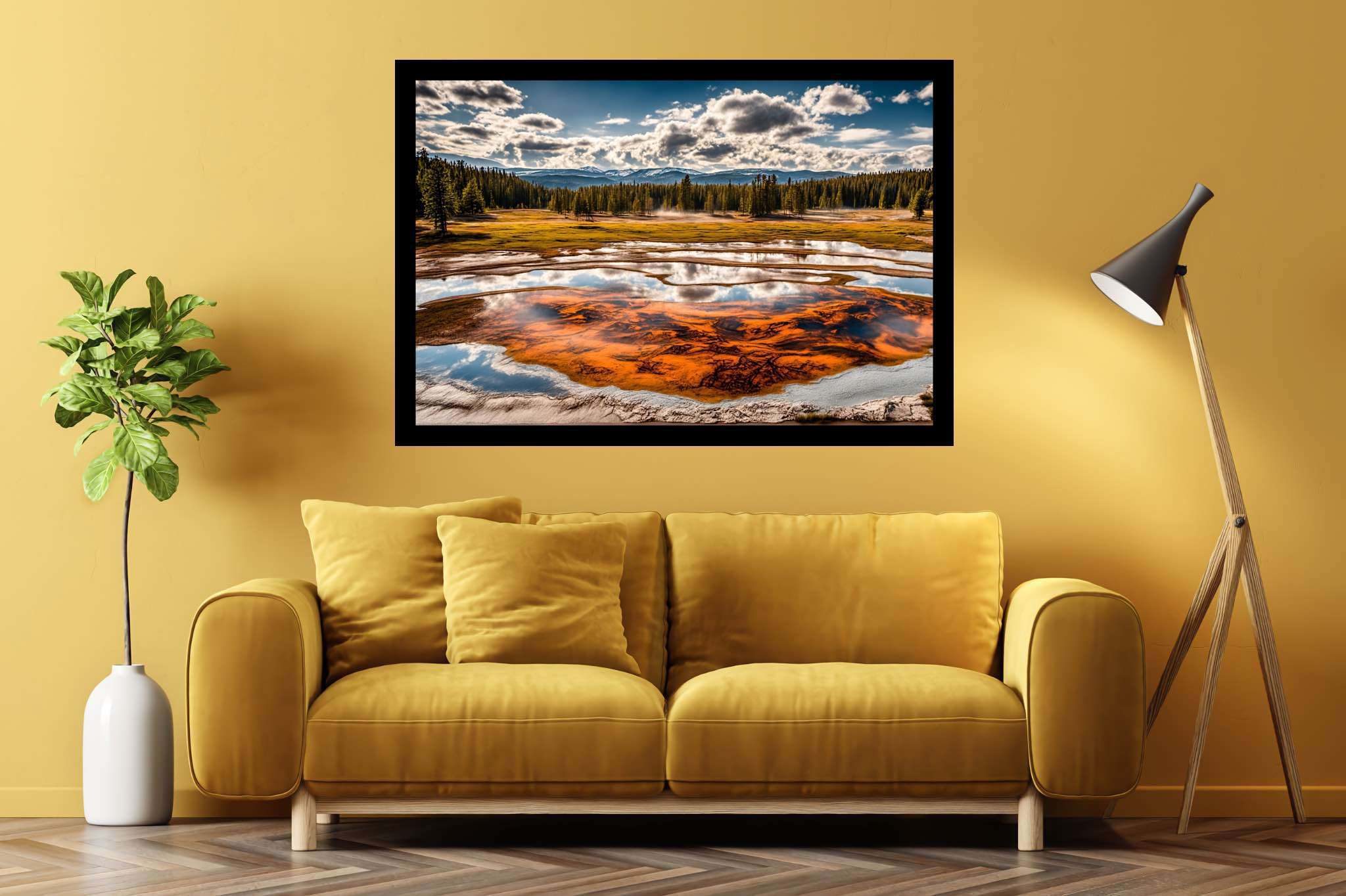 Chroma lake serenade: Vibrant pond art with lively pond artwork, in a room with contemporary flair, framed art, and designer furniture. The art can be printed on poster, framed poster, canvas, metal, acrylic or wood, exclusively at WallArtZen. Find this exact print at https://wallartzen.com/waz70