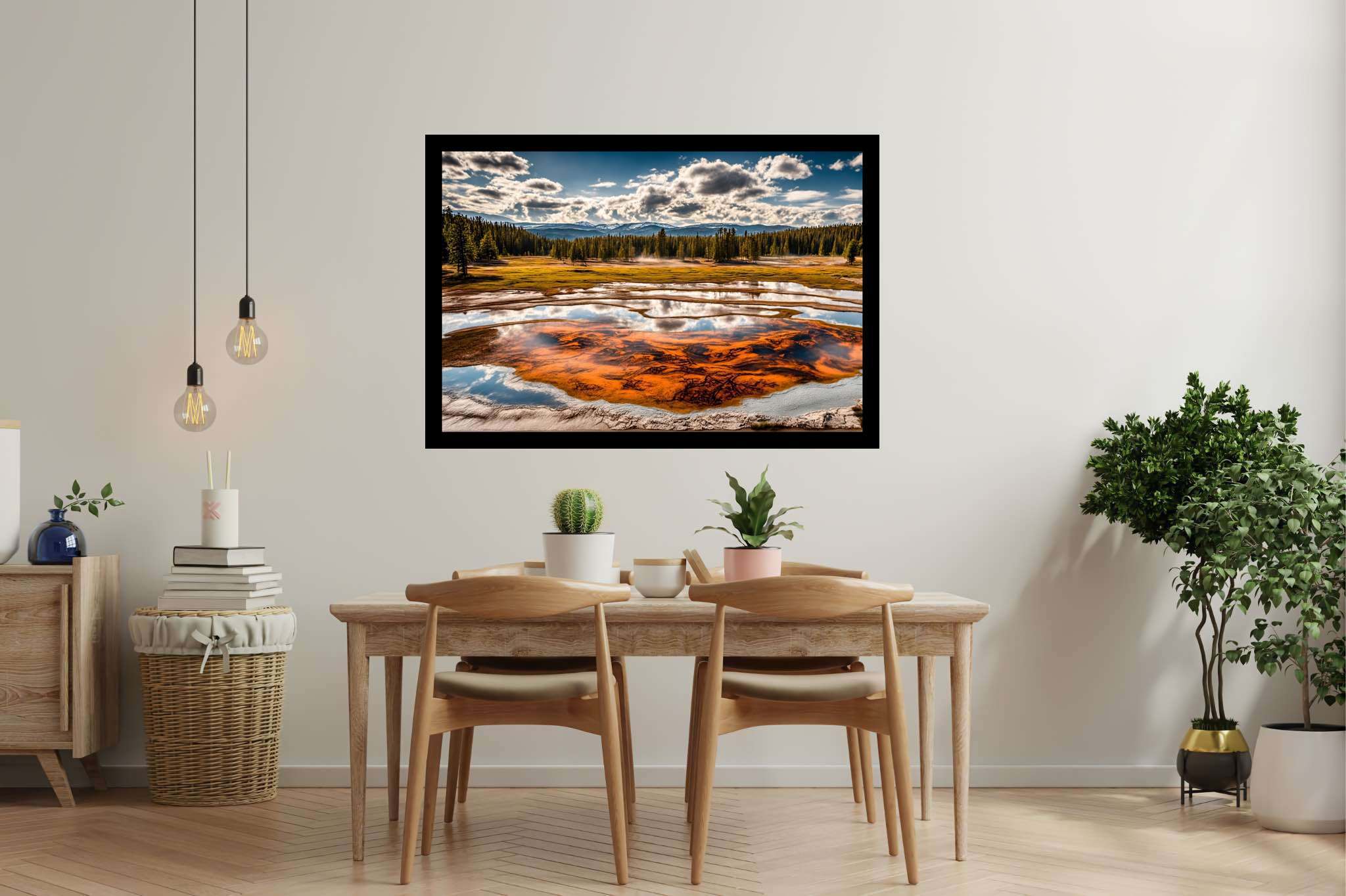 Chroma lake serenade: Vibrant pond art with vibrant wildlife art, in a room with great design, abstract paintings, and elegant home goods. The art can be printed on poster, framed poster, canvas, metal, acrylic or wood, exclusively at WallArtZen. Find this exact print at https://wallartzen.com/waz70