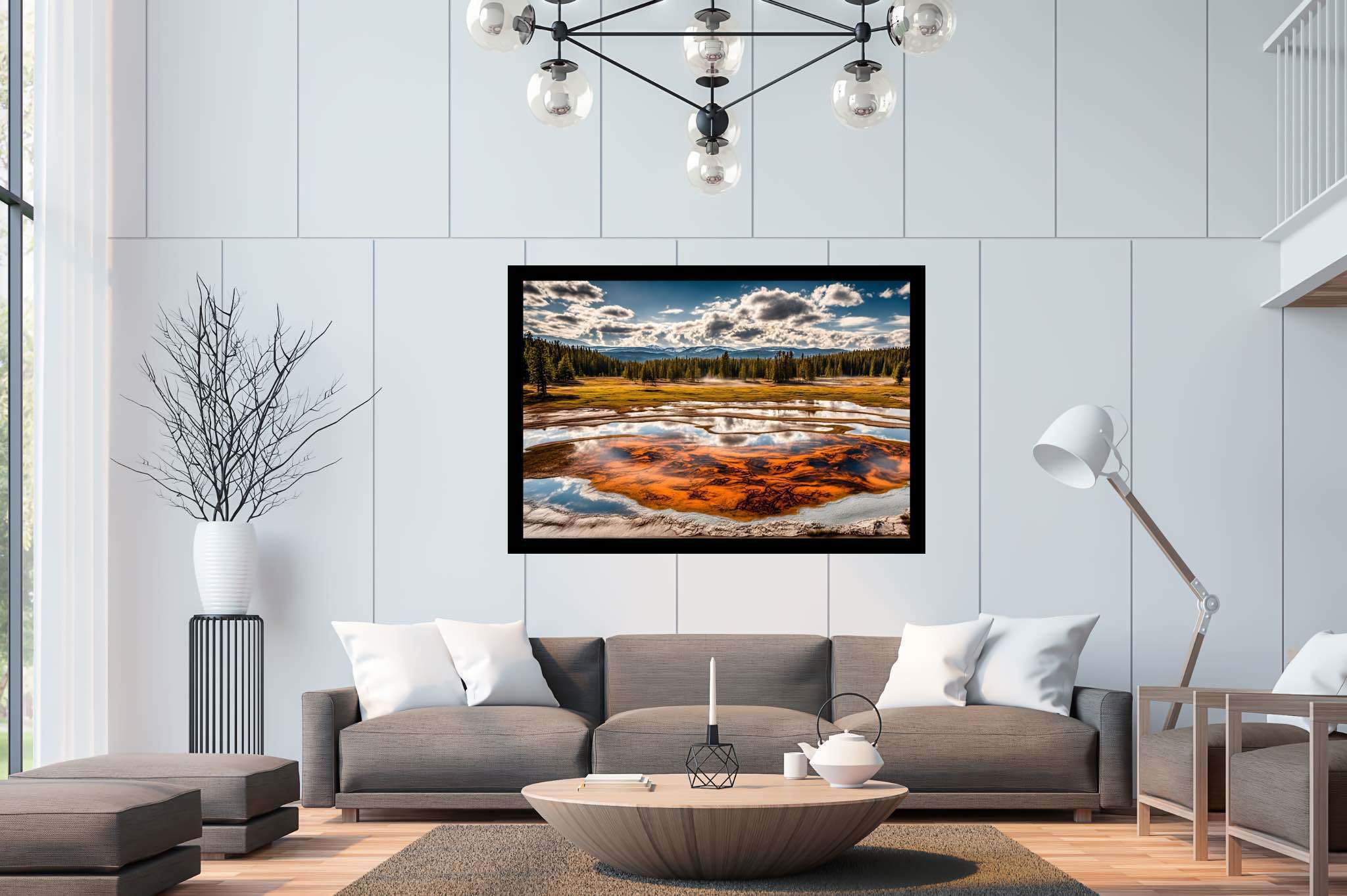 Chroma lake serenade: Vibrant pond art with vibrant pond art, in a room with great design, canvas prints, and stylish accessories. The art can be printed on poster, framed poster, canvas, metal, acrylic or wood, exclusively at WallArtZen. Find this exact print at https://wallartzen.com/waz70