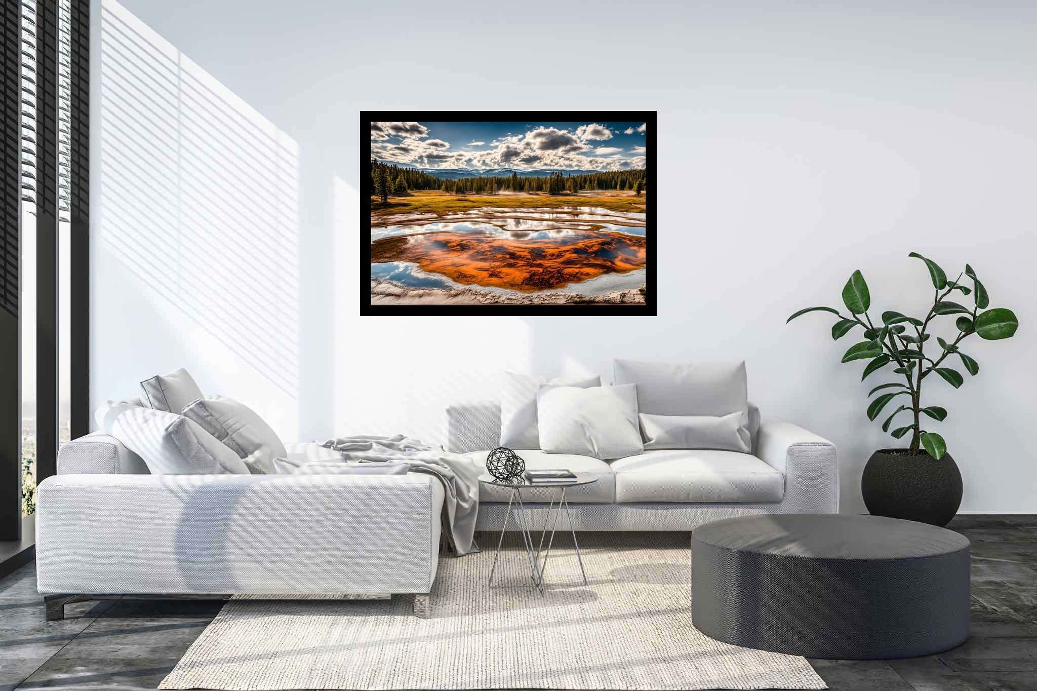 Chroma lake serenade: Vibrant pond art with colorful water paintings, in a room with artistic style, wall art, and luxe decor. The art can be printed on poster, framed poster, canvas, metal, acrylic or wood, exclusively at WallArtZen. Find this exact print at https://wallartzen.com/waz70