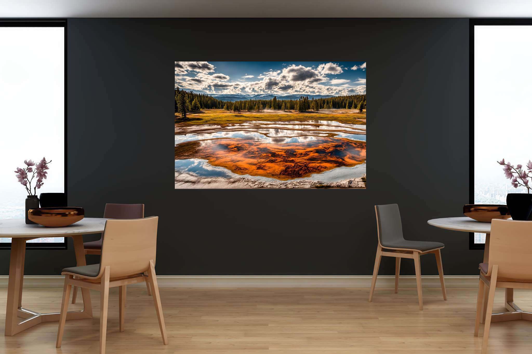 Chroma lake serenade: Vibrant pond art with vibrant nature paintings, in a room with modern style, fine art prints, and trendy home accents. The art can be printed on poster, framed poster, canvas, metal, acrylic or wood, exclusively at WallArtZen. Find this exact print at https://wallartzen.com/waz70