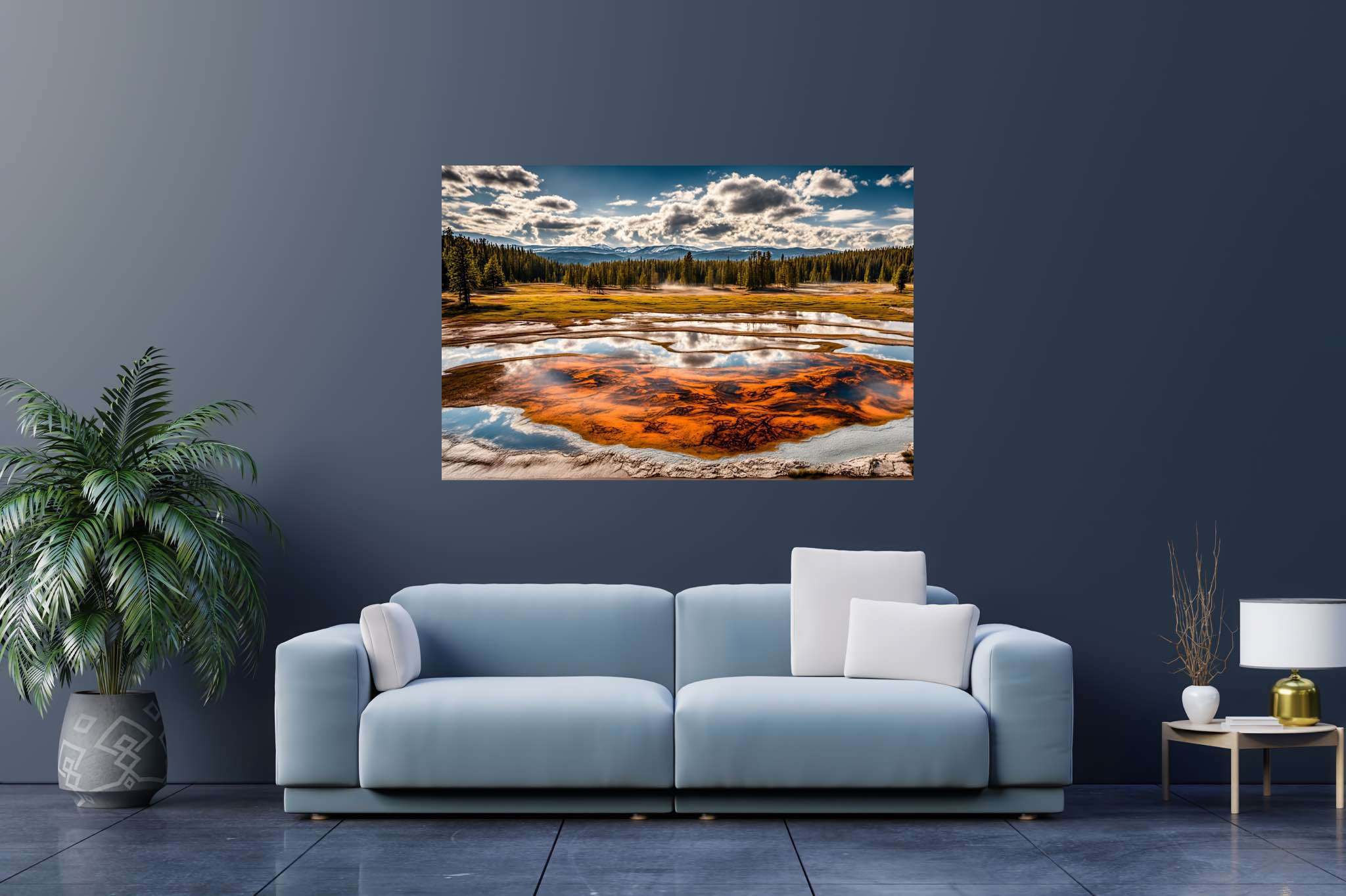 Chroma lake serenade: Vibrant pond art with vibrant pond art, in a room with contemporary flair, canvas prints, and stylish accessories. The art can be printed on poster, framed poster, canvas, metal, acrylic or wood, exclusively at WallArtZen. Find this exact print at https://wallartzen.com/waz70