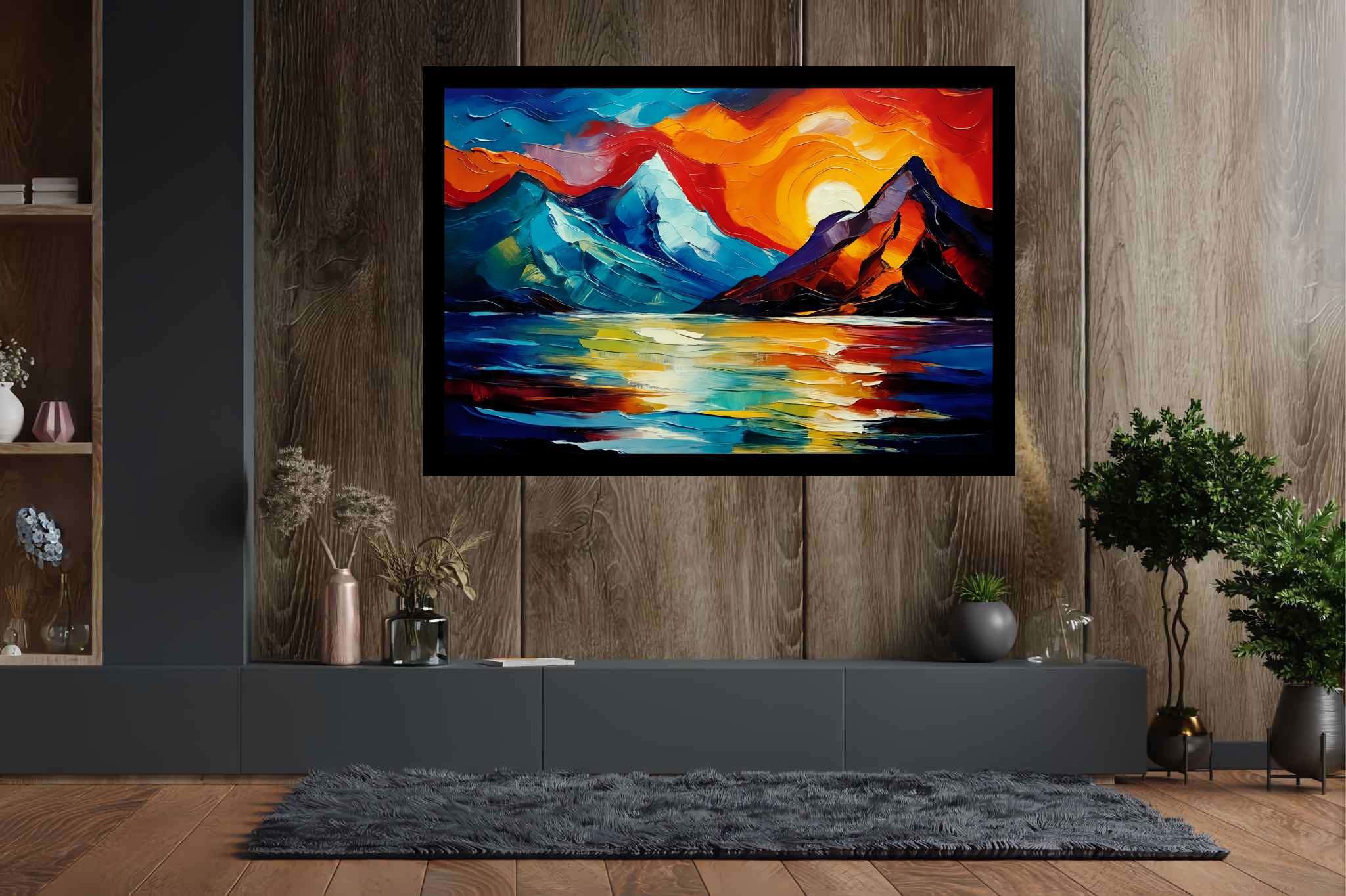 Chroma summit serenade: Vibrant landscape art with colorful scenery, in a room with great design, wall hangings, and home styling items. The art can be printed on poster, framed poster, canvas, metal, acrylic or wood, exclusively at WallArtZen. Find this exact print at https://wallartzen.com/waz71