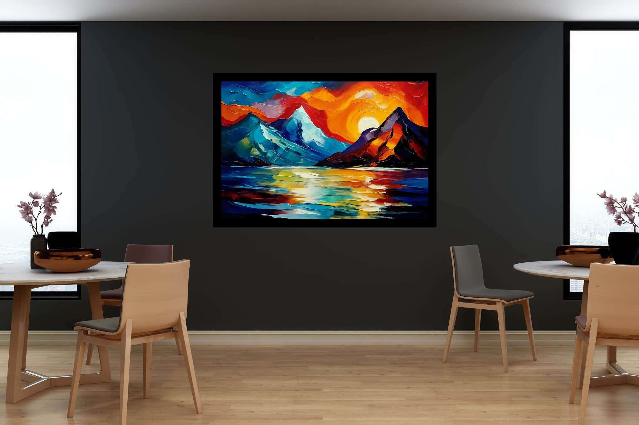 Chroma summit serenade: Vibrant landscape art with vivid nature paintings, in a room with urban design, bespoke art designs, and home styling items. The art can be printed on poster, framed poster, canvas, metal, acrylic or wood, exclusively at WallArtZen. Find this exact print at https://wallartzen.com/waz71