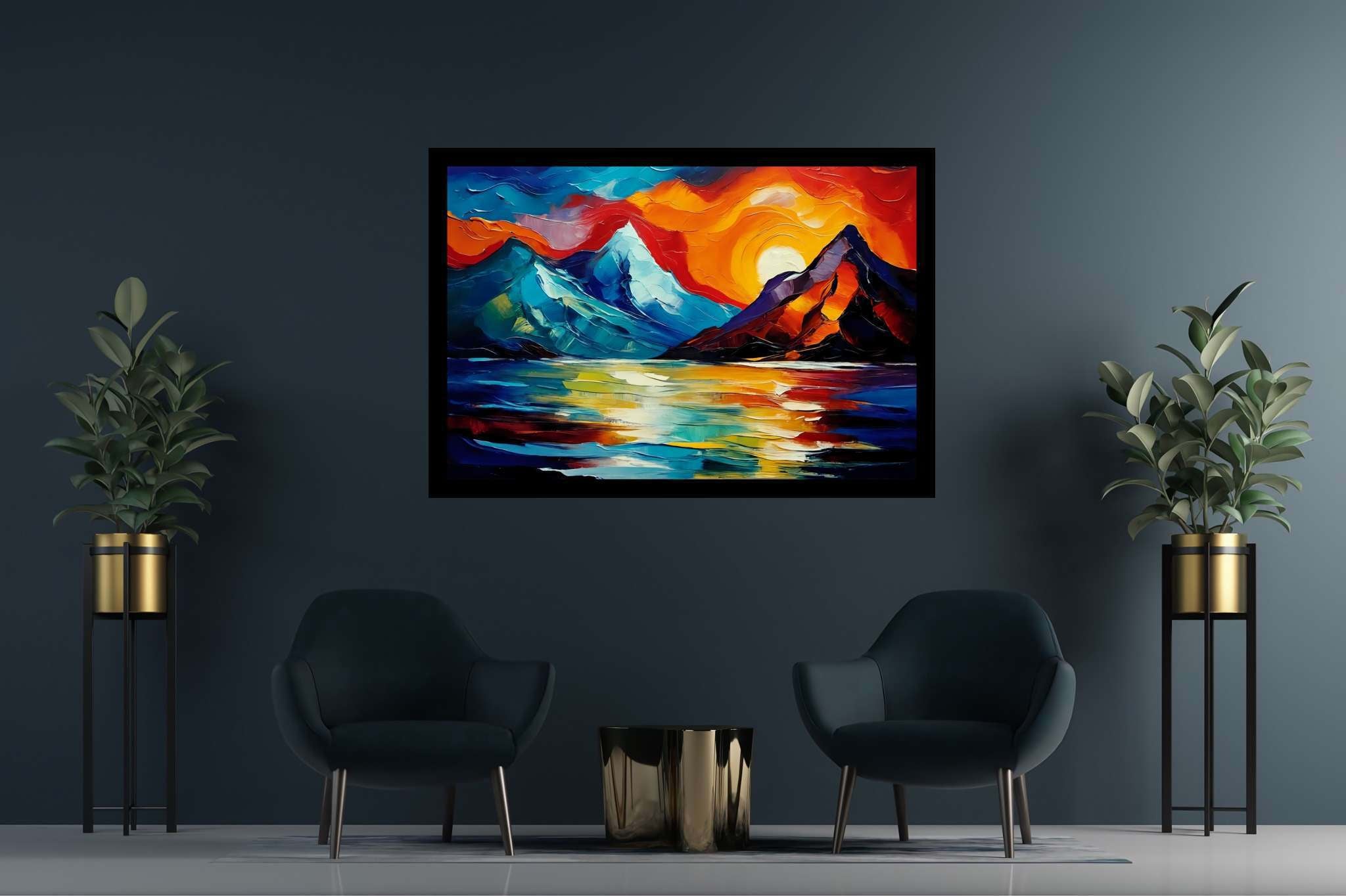 Chroma summit serenade: Vibrant landscape art with dynamic natural scenery, in a room with modern style, digital art pieces, and luxe decor. The art can be printed on poster, framed poster, canvas, metal, acrylic or wood, exclusively at WallArtZen. Find this exact print at https://wallartzen.com/waz71