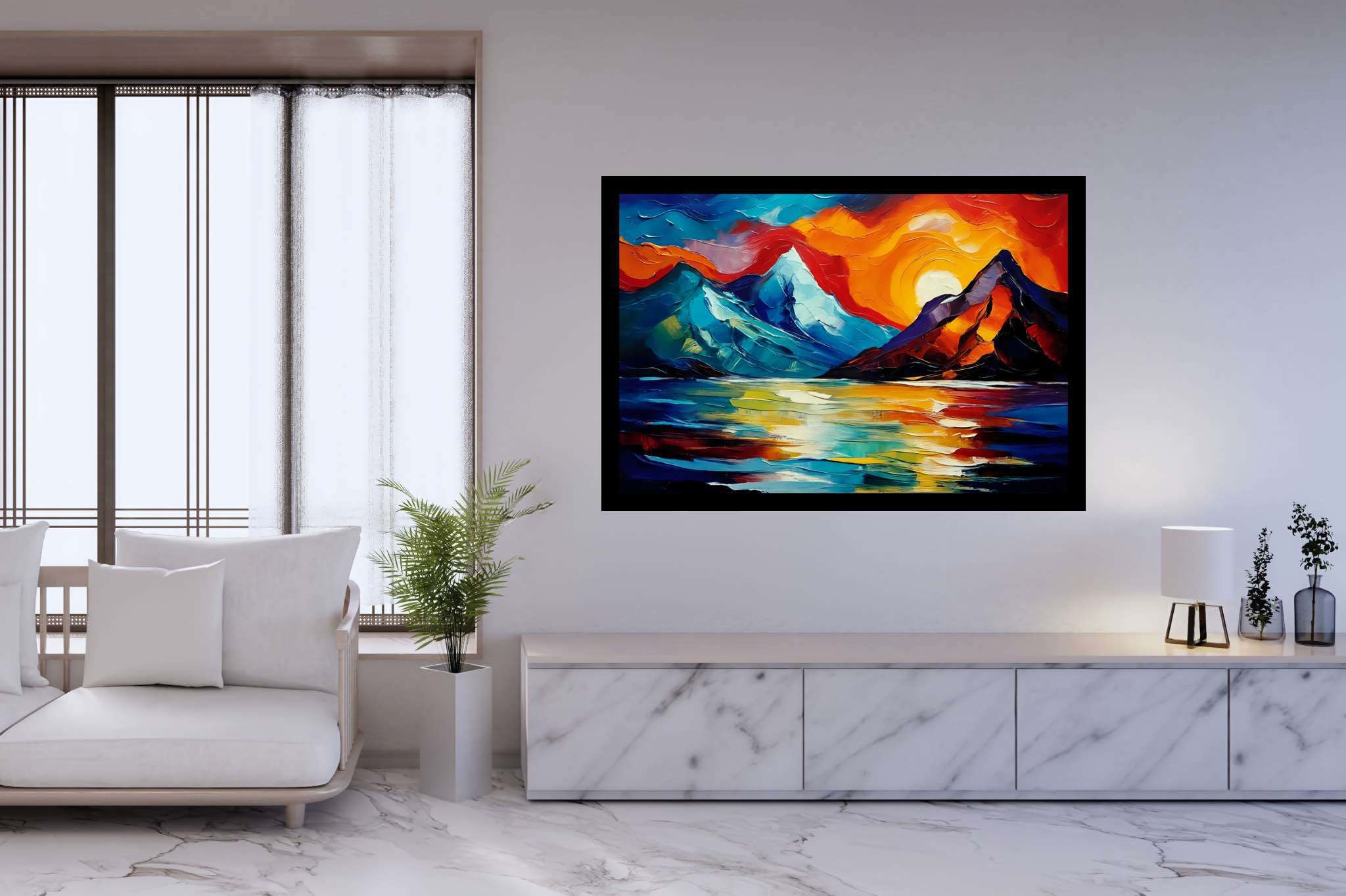 Chroma summit serenade: Vibrant landscape art with vivid nature paintings, in a room with classic elegance, photographic wall art, and interior decorations. The art can be printed on poster, framed poster, canvas, metal, acrylic or wood, exclusively at WallArtZen. Find this exact print at https://wallartzen.com/waz71