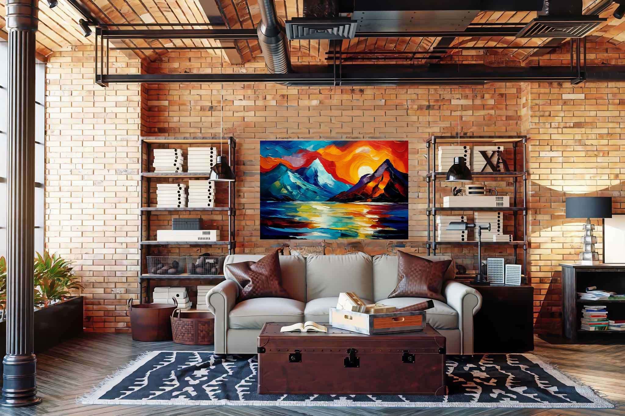 Chroma summit serenade: Vibrant landscape art with colorful scenery, in a room with elegant layout, fine art prints, and interior decorations. The art can be printed on poster, framed poster, canvas, metal, acrylic or wood, exclusively at WallArtZen. Find this exact print at https://wallartzen.com/waz71