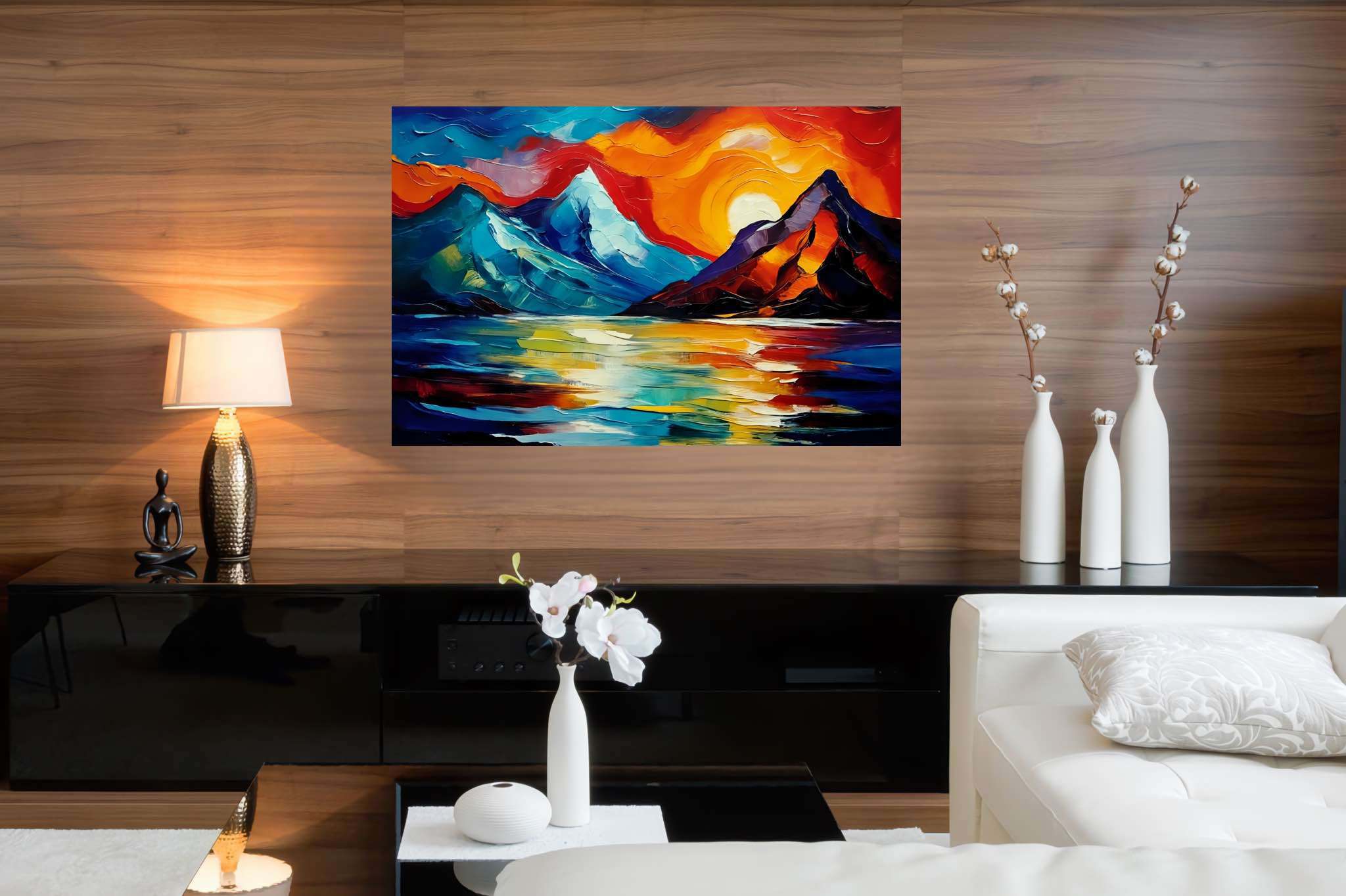 Chroma summit serenade: Vibrant landscape art with vivid nature paintings, in a room with great design, fine art prints, and stylish accessories. The art can be printed on poster, framed poster, canvas, metal, acrylic or wood, exclusively at WallArtZen. Find this exact print at https://wallartzen.com/waz71